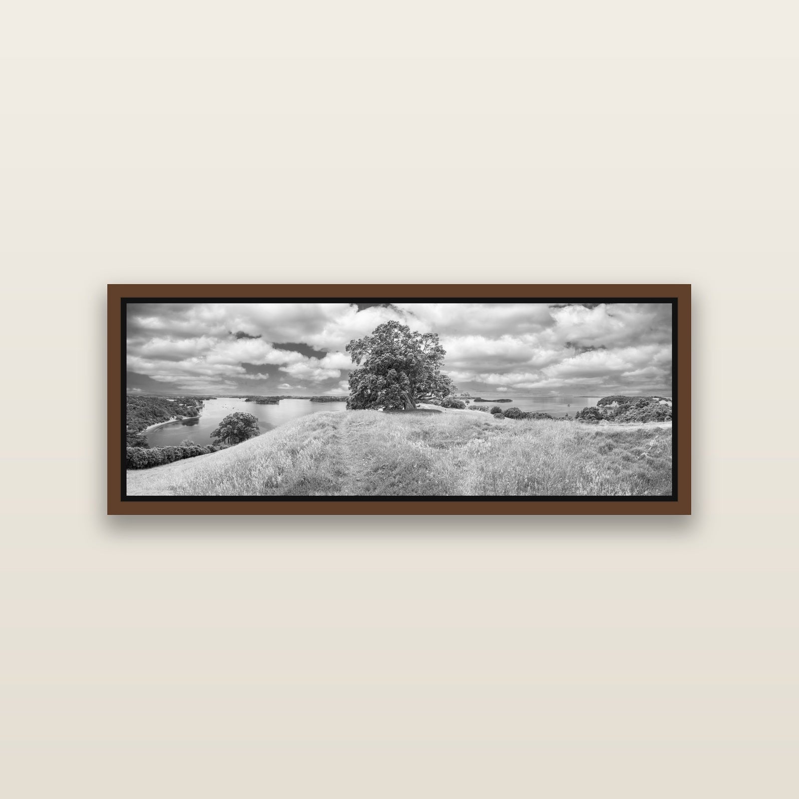 Harbour of Tranquility, Pōhutukawa Bloom at Mahurangi — Brown framed metallic canvas print, small 86 × 30 cm. New Zealand fine art landscape wall art by Stephen Milner.