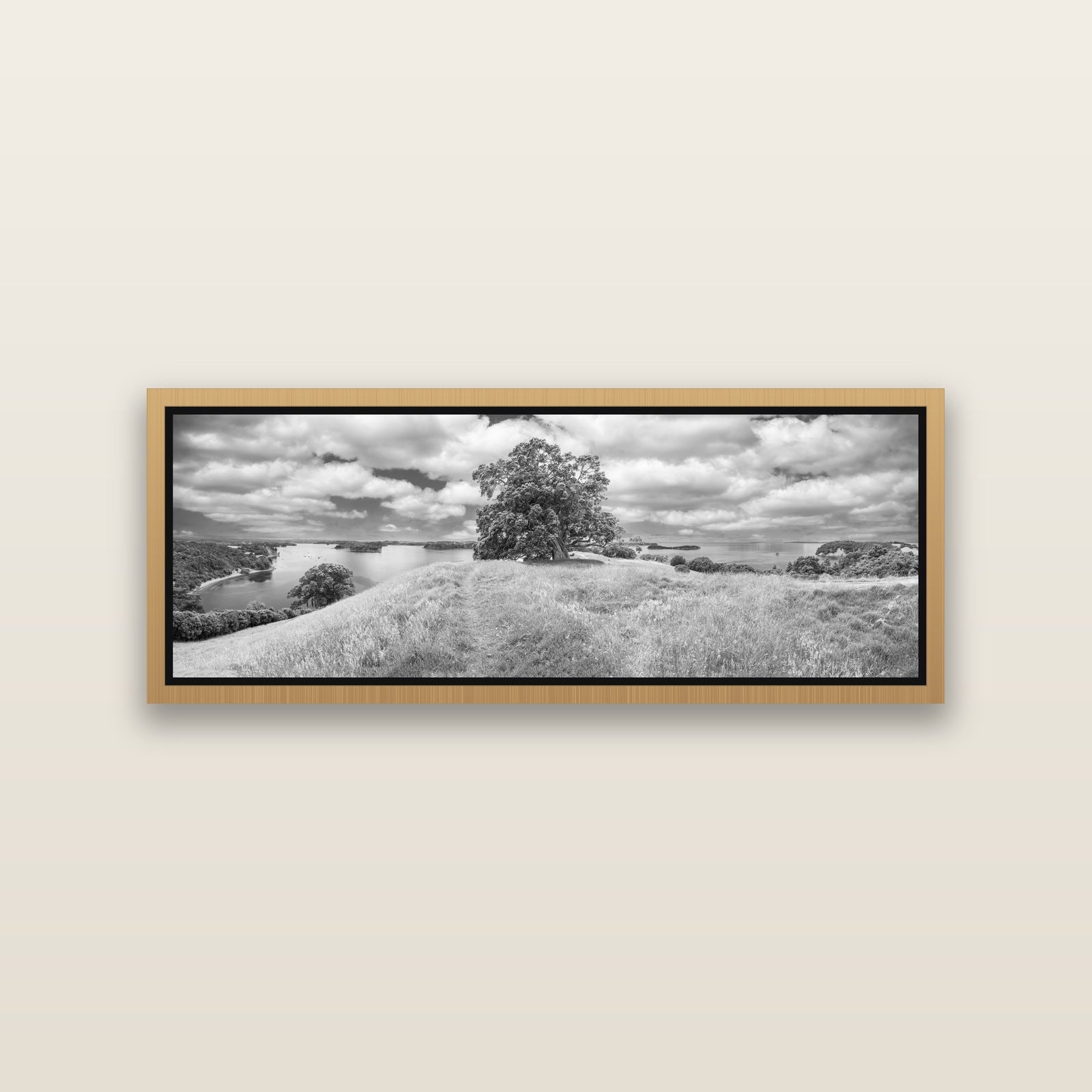 Harbour of Tranquility, Pōhutukawa Bloom at Mahurangi — Natural framed metallic canvas print, small 86 × 30 cm. New Zealand fine art landscape wall art by Stephen Milner.