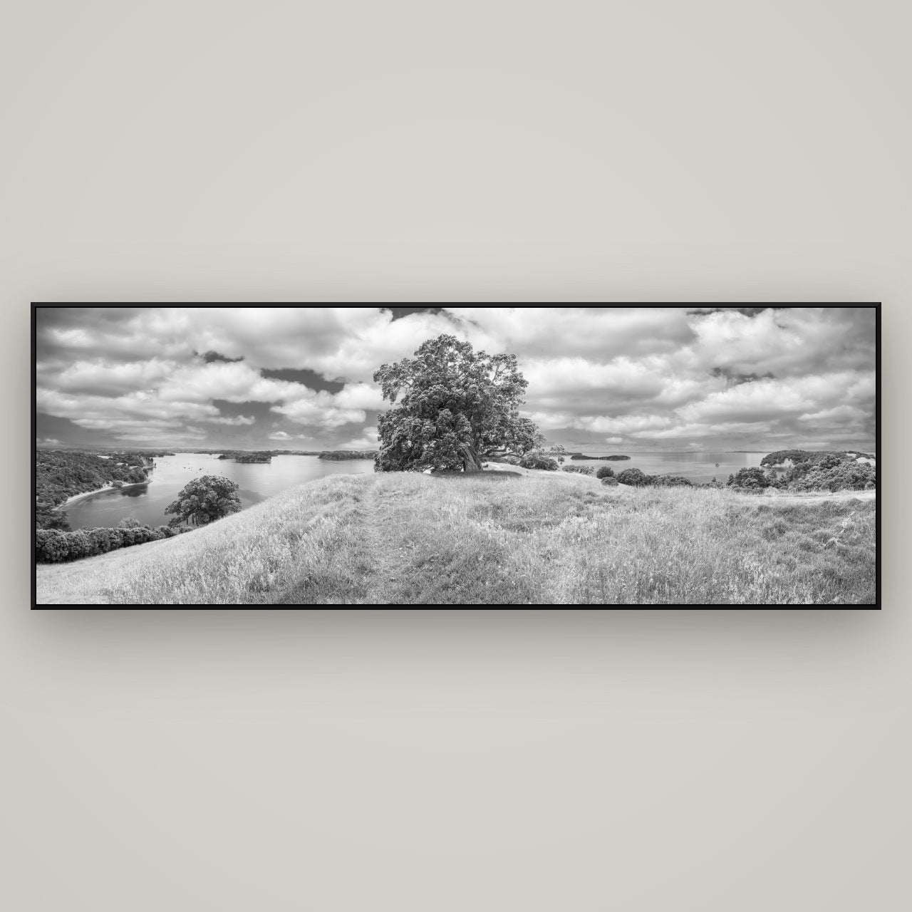 Harbour of Tranquility, Pōhutukawa Bloom at Mahurangi — ArtBox Black, 198×70 cm. New Zealand fine art wall art by Stephen Milner.