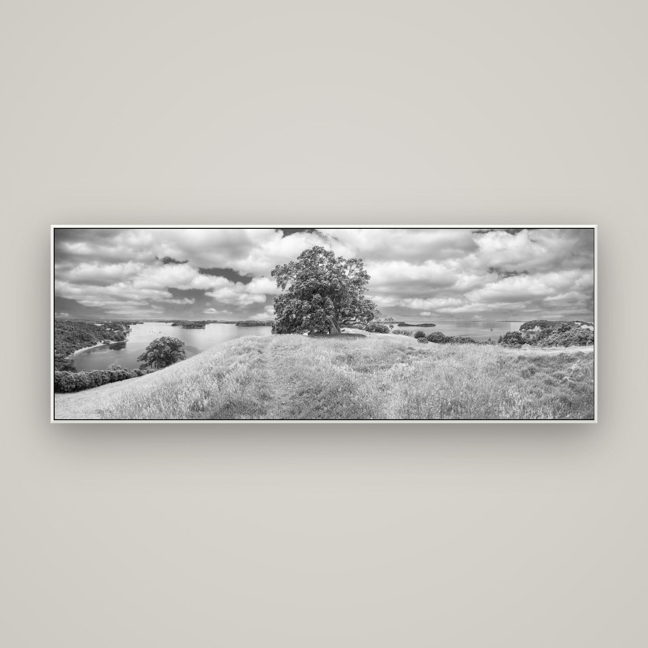 Harbour of Tranquility, Pōhutukawa Bloom at Mahurangi — ArtBox White, 170×60 cm. New Zealand fine art wall art by Stephen Milner.