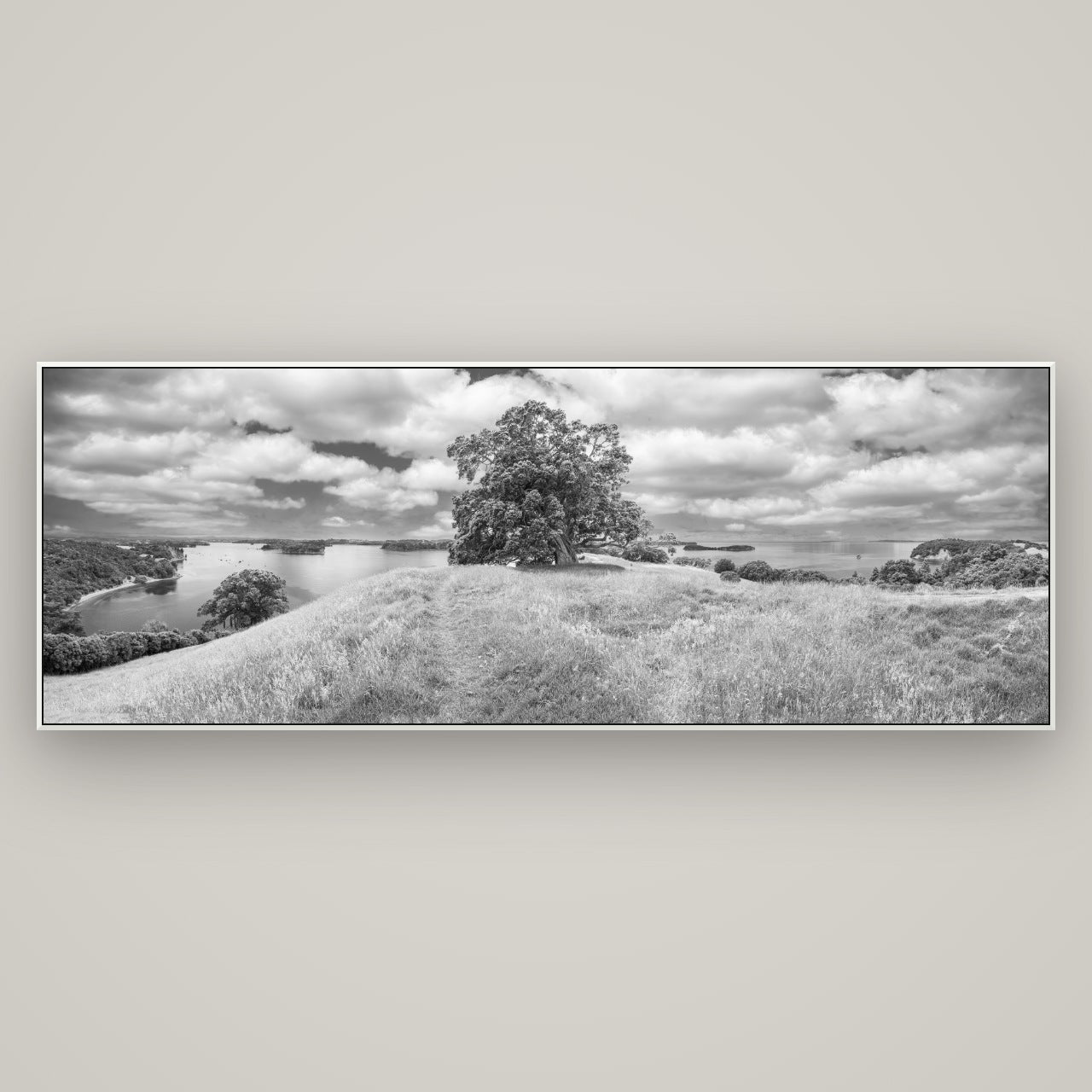 Harbour of Tranquility, Pōhutukawa Bloom at Mahurangi — ArtBox White, 198×70 cm. New Zealand fine art wall art by Stephen Milner.