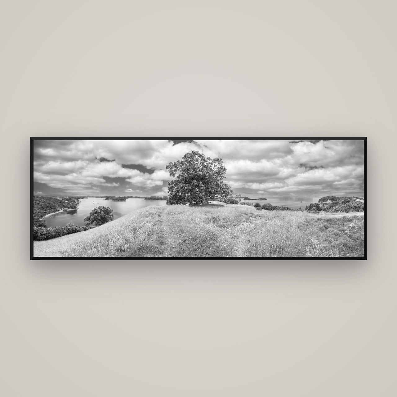 Harbour of Tranquility, Pōhutukawa Bloom at Mahurangi — Basel Black, 170×60 cm. New Zealand fine art wall art by Stephen Milner.