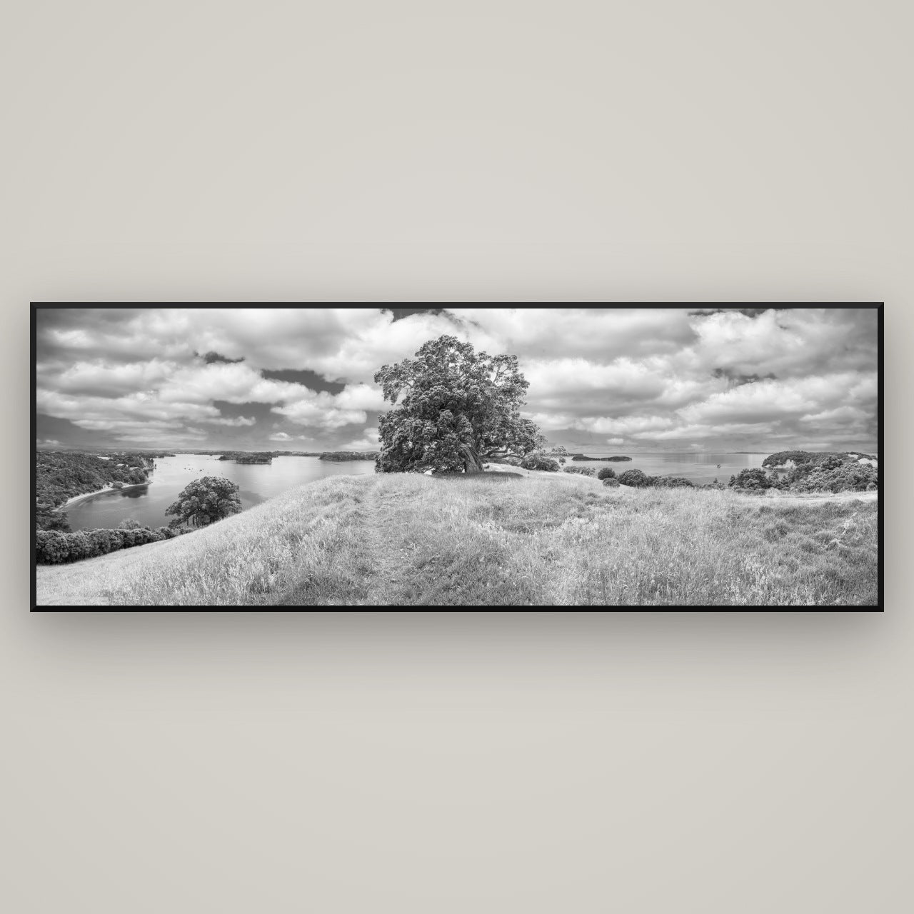 Harbour of Tranquility, Pōhutukawa Bloom at Mahurangi — Basel Black, 198×70 cm. New Zealand fine art wall art by Stephen Milner.