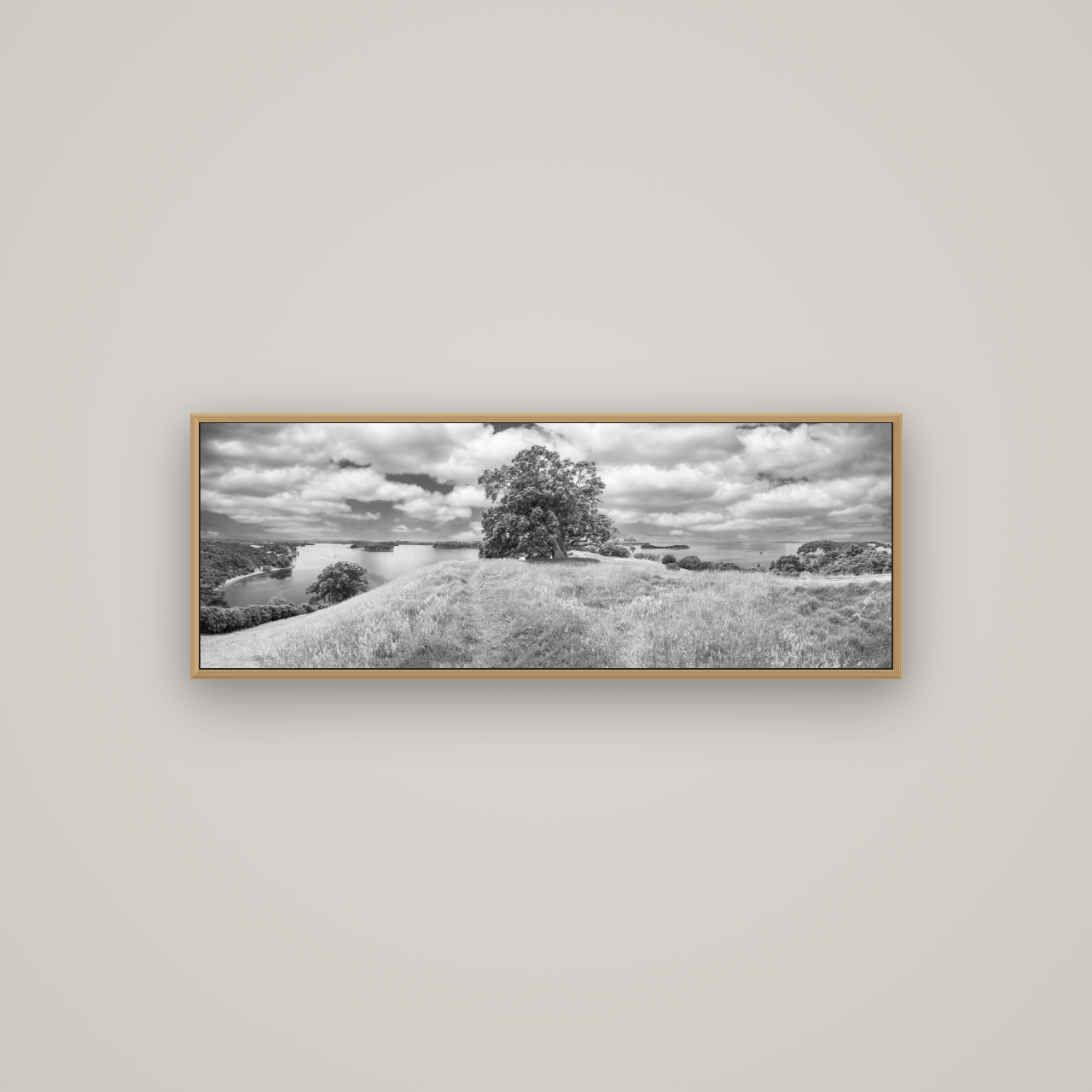 Harbour of Tranquility, Pōhutukawa Bloom at Mahurangi, Basel Natural Oak, 113×40 cm. New Zealand fine art wall art by Stephen Milner.