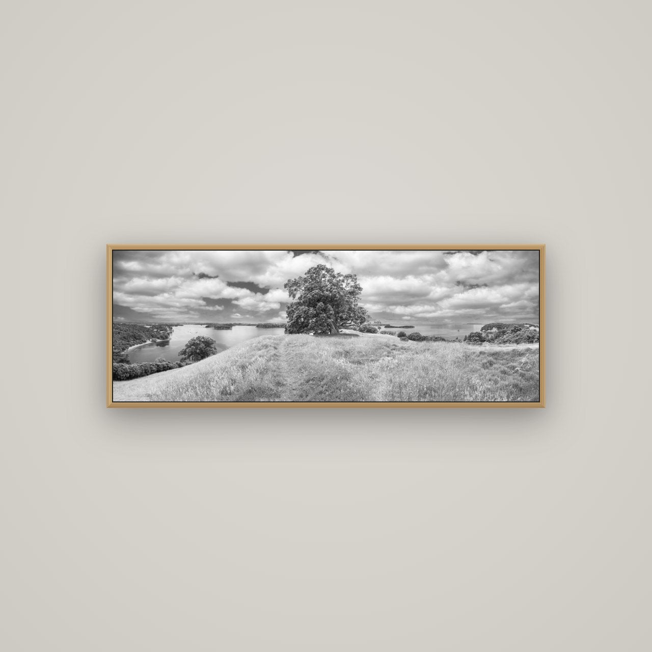 Harbour of Tranquility, Pōhutukawa Bloom at Mahurangi, Basel Natural Oak, 113×40 cm. New Zealand fine art wall art by Stephen Milner.