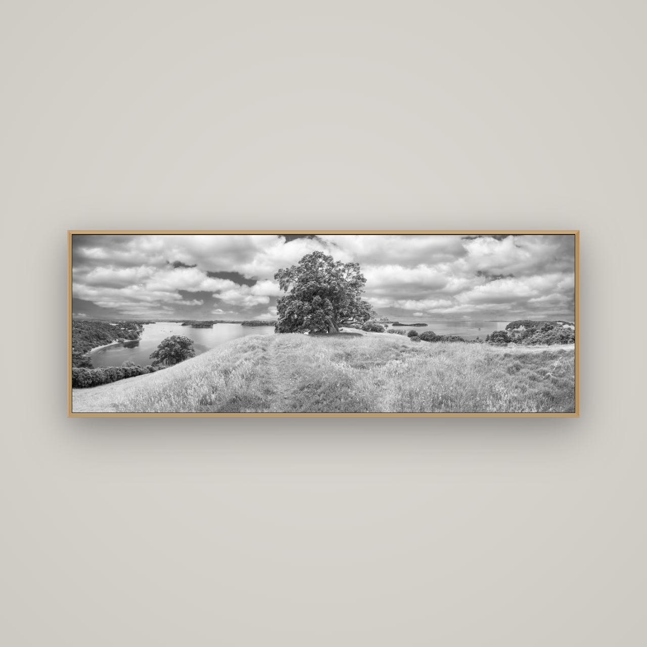 Harbour of Tranquility, Pōhutukawa Bloom at Mahurangi, Basel Natural Oak, 170×60 cm. New Zealand fine art wall art by Stephen Milner.
