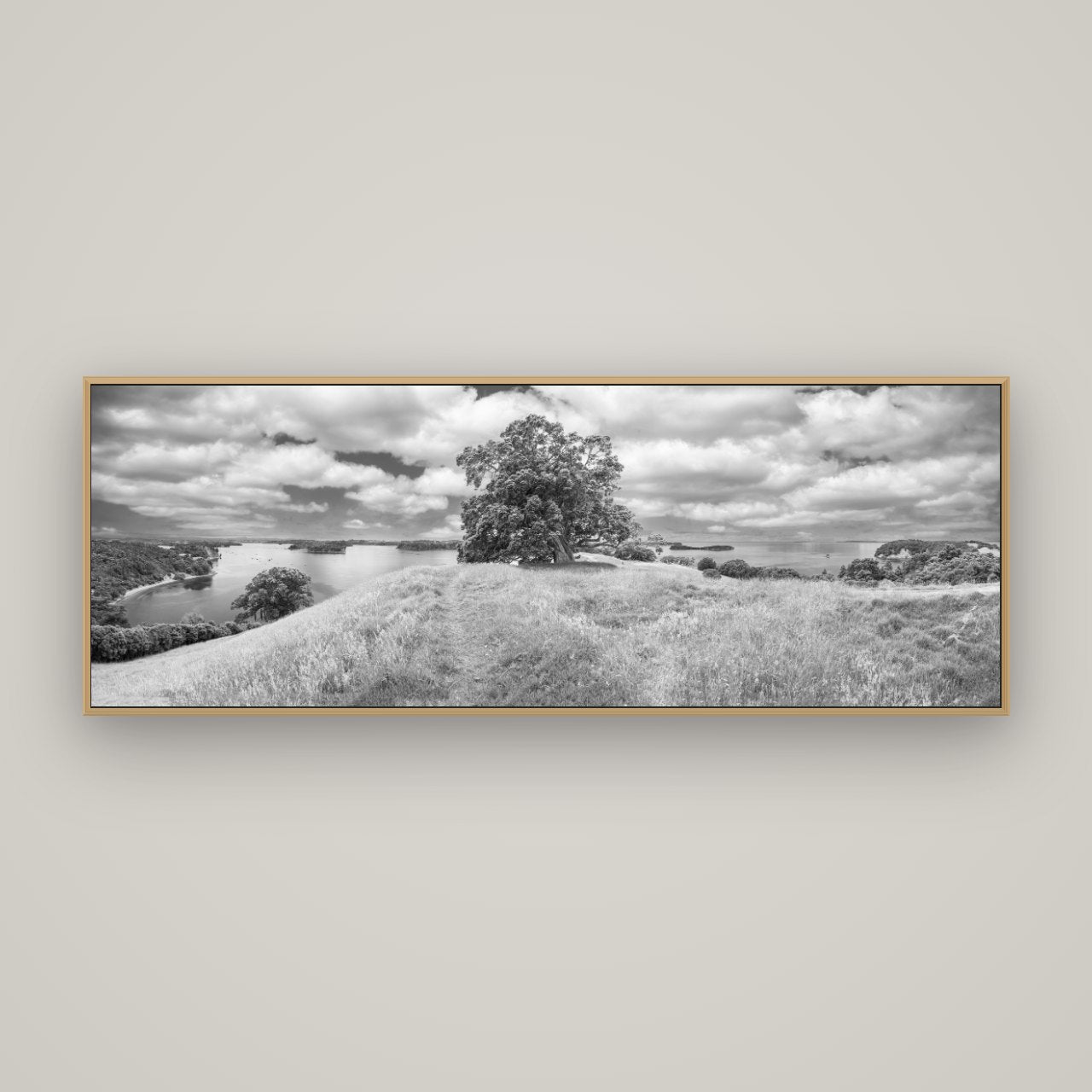 Harbour of Tranquility, Pōhutukawa Bloom at Mahurangi, Basel Natural Oak, 170×60 cm. New Zealand fine art wall art by Stephen Milner.
