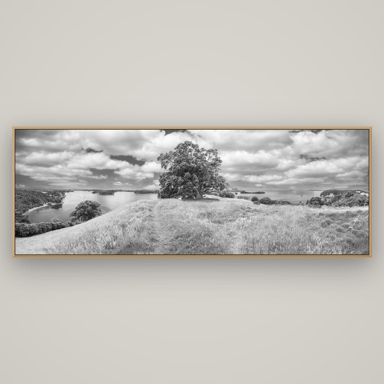 Harbour of Tranquility, Pōhutukawa Bloom at Mahurangi, Basel Natural Oak, 198×70 cm. New Zealand fine art wall art by Stephen Milner.