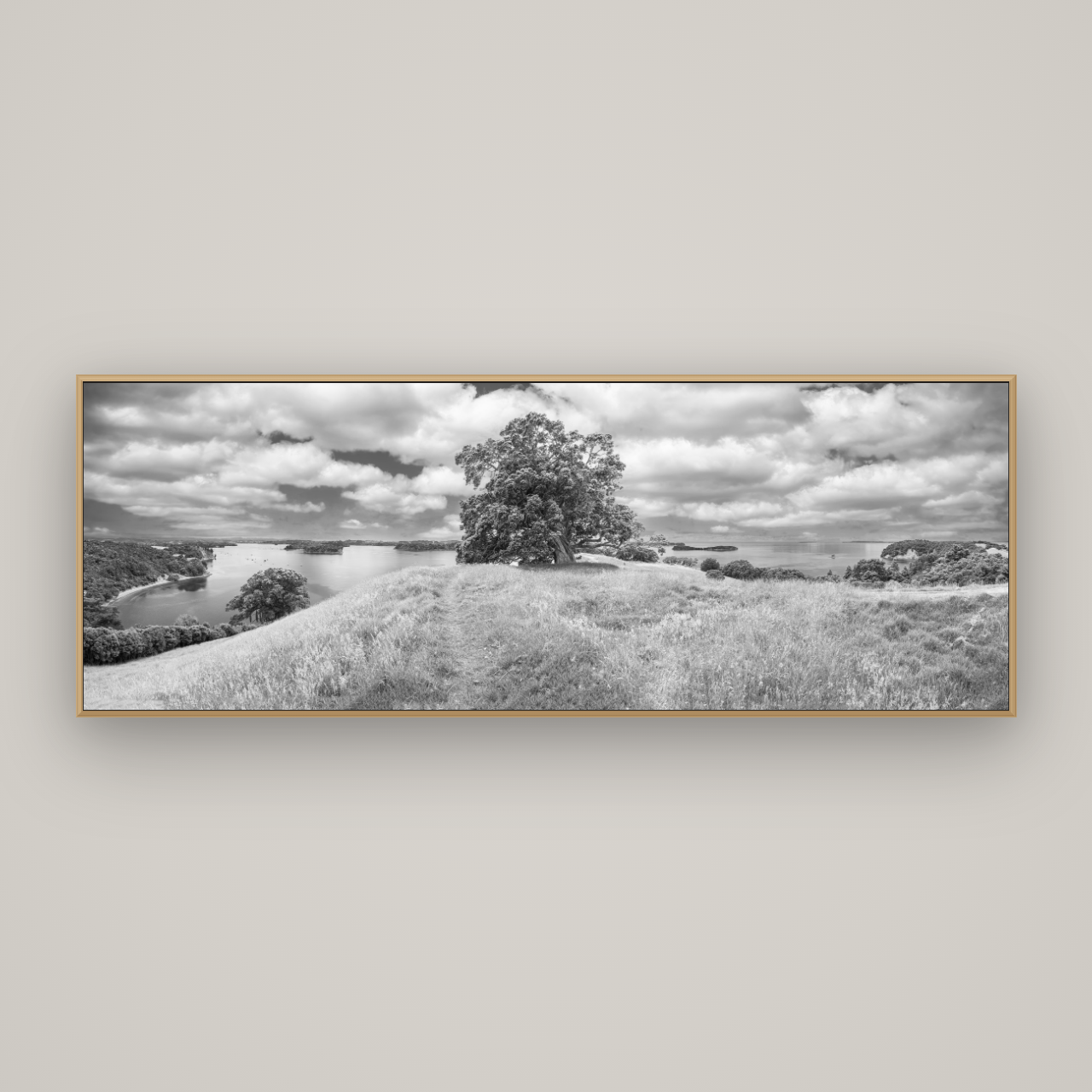 Harbour of Tranquility, Pōhutukawa Bloom at Mahurangi, Basel Natural Oak, 198×70 cm. New Zealand fine art wall art by Stephen Milner.