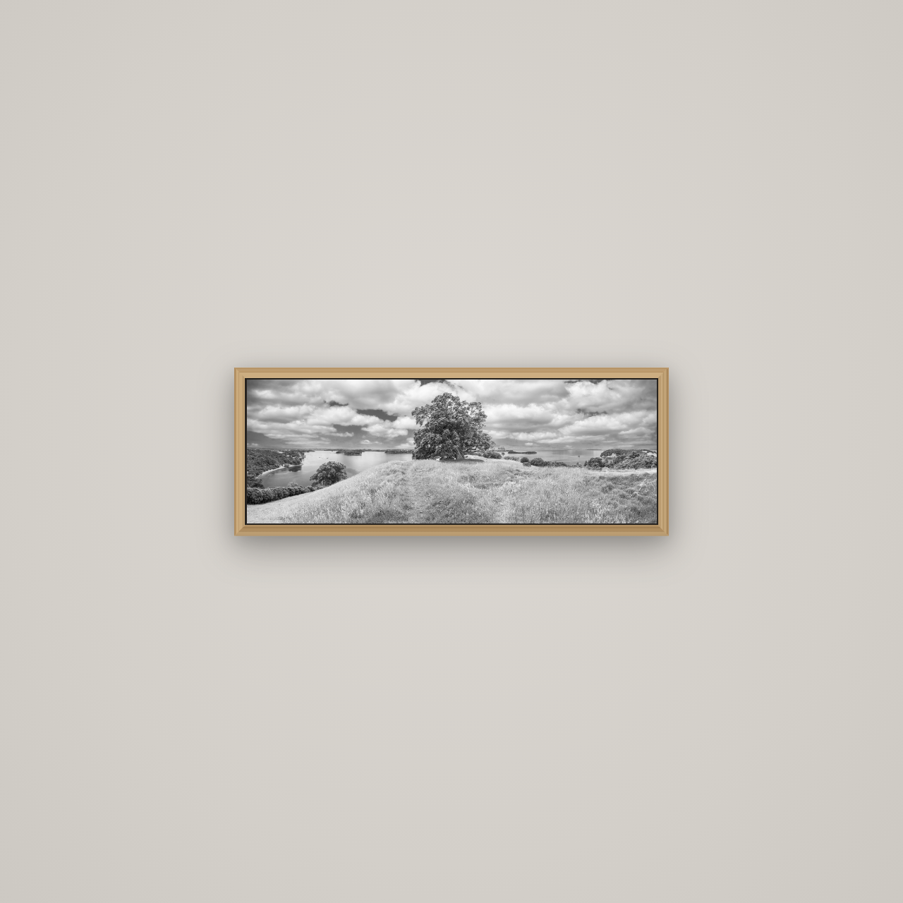 Harbour of Tranquility, Pōhutukawa Bloom at Mahurangi, Basel Natural Oak, 57×20 cm. New Zealand fine art wall art by Stephen Milner.