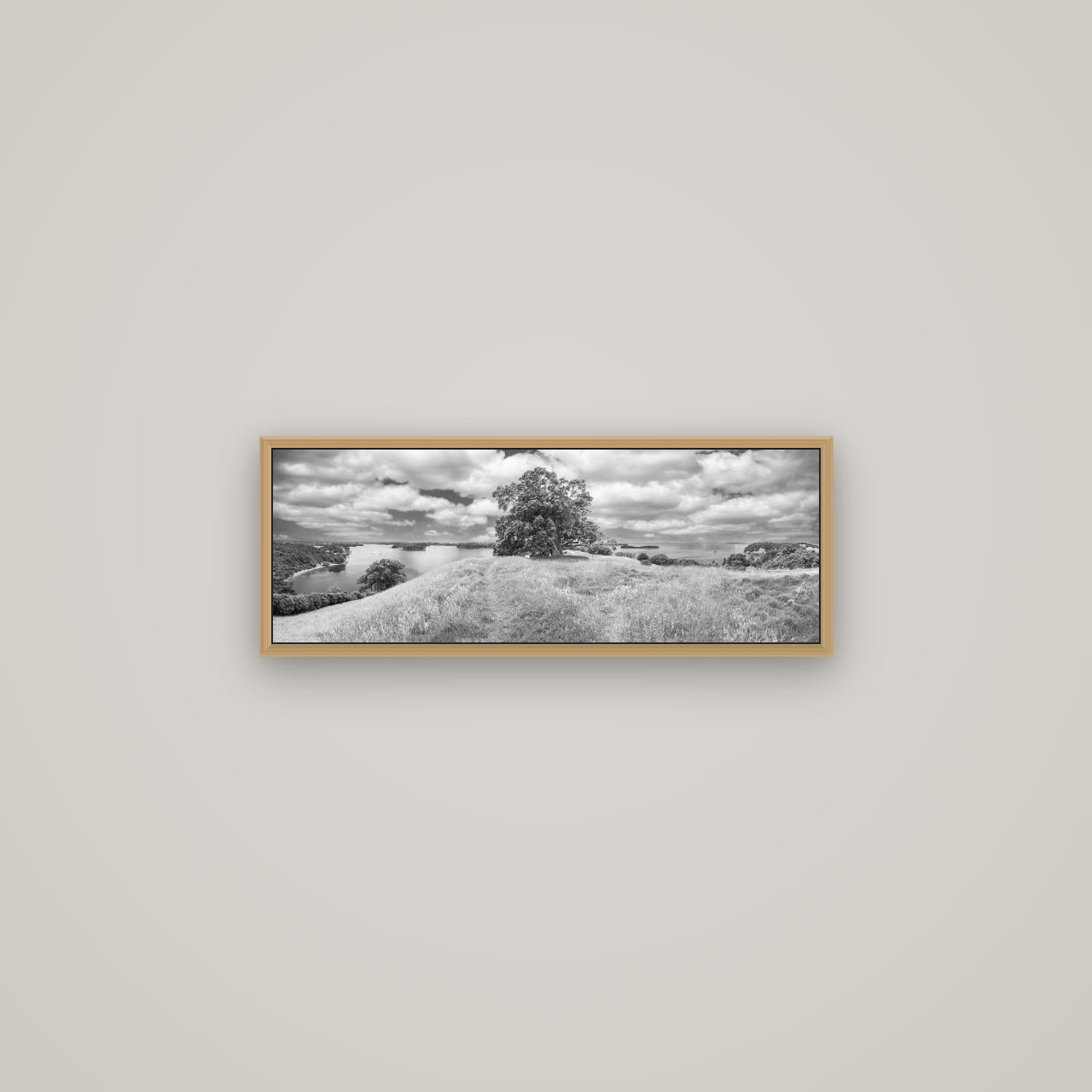 Harbour of Tranquility, Pōhutukawa Bloom at Mahurangi, Basel Natural Oak, 68×24 cm. New Zealand fine art wall art by Stephen Milner.