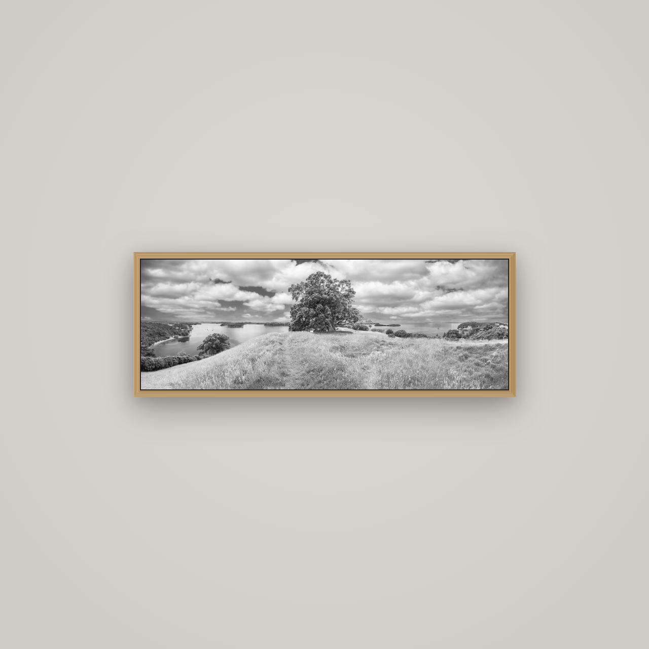 Harbour of Tranquility, Pōhutukawa Bloom at Mahurangi, Basel Natural Oak, 85×30 cm. New Zealand fine art wall art by Stephen Milner.