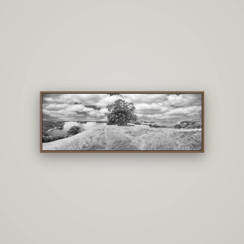 Harbour of Tranquility, Pōhutukawa Bloom at Mahurangi, Basel Walnut, 113×40 cm. New Zealand fine art wall art by Stephen Milner.