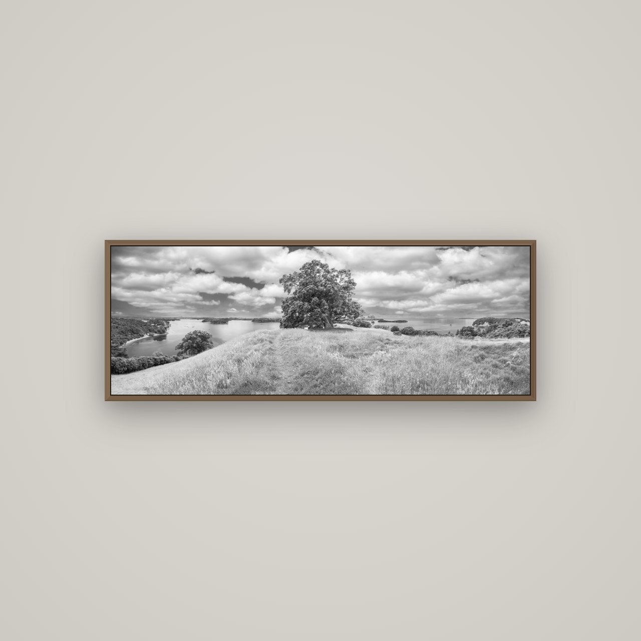 Harbour of Tranquility, Pōhutukawa Bloom at Mahurangi, Basel Walnut, 113×40 cm. New Zealand fine art wall art by Stephen Milner.