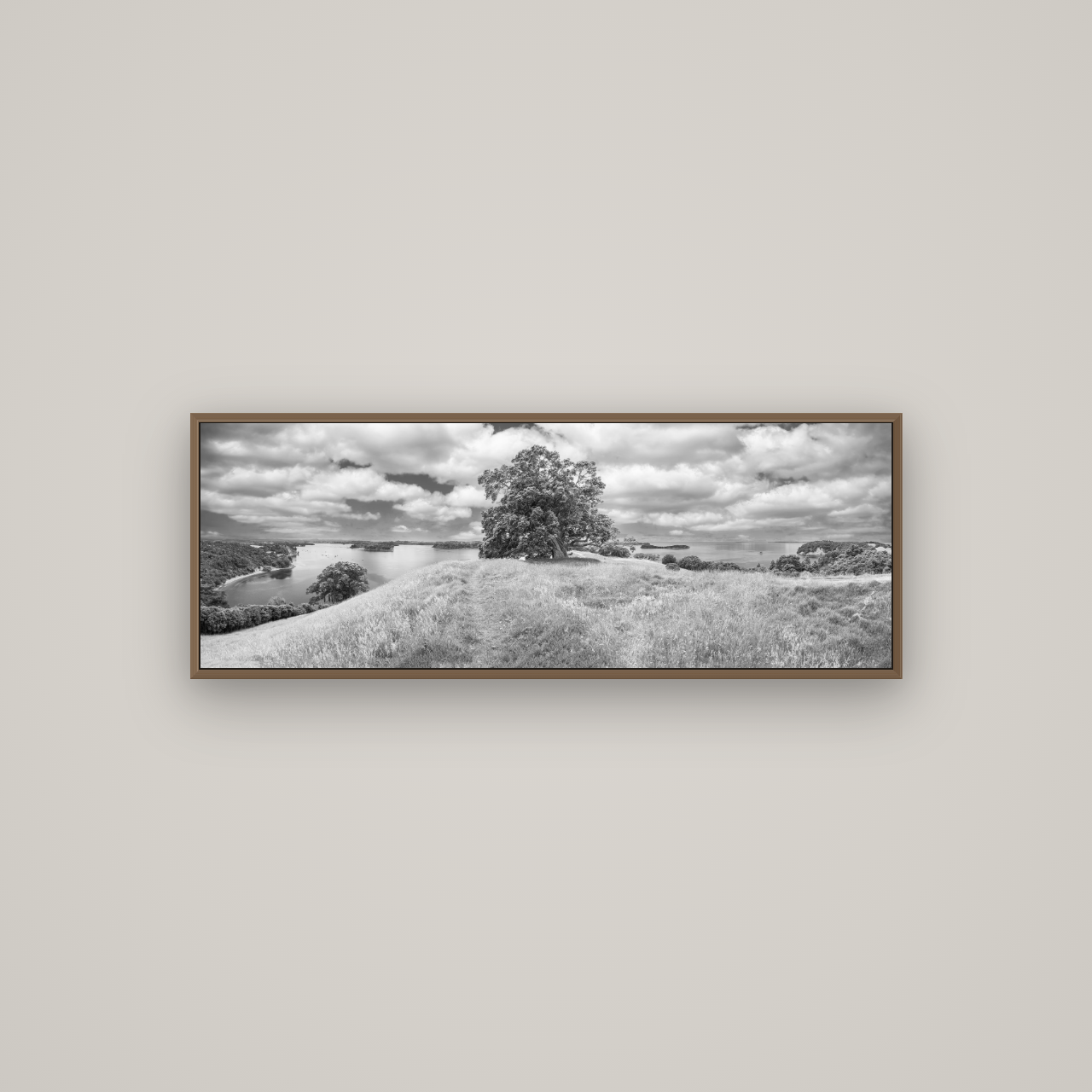 Harbour of Tranquility, Pōhutukawa Bloom at Mahurangi, Basel Walnut, 113×40 cm. New Zealand fine art wall art by Stephen Milner.