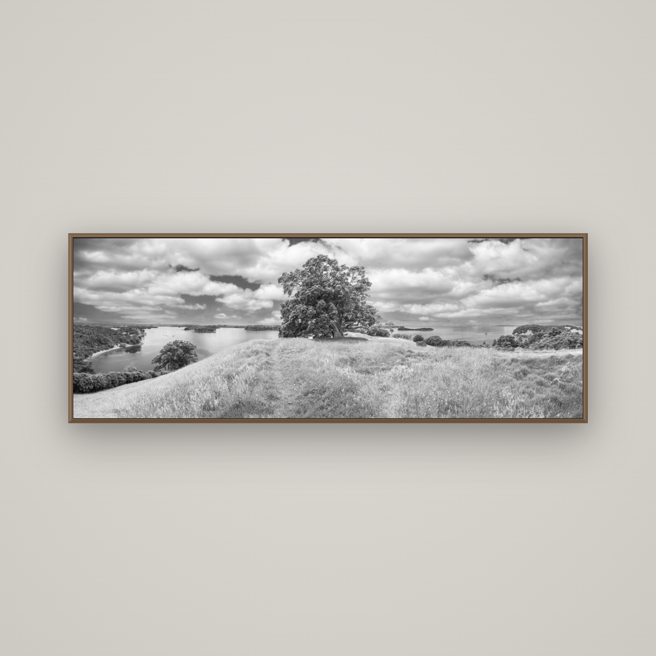 Harbour of Tranquility, Pōhutukawa Bloom at Mahurangi, Basel Walnut, 170×60 cm. New Zealand fine art wall art by Stephen Milner.