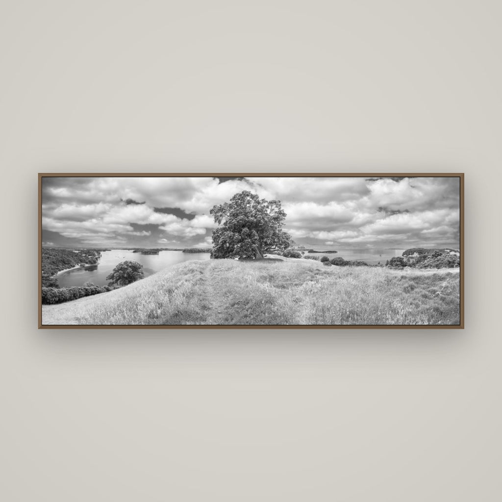 Harbour of Tranquility, Pōhutukawa Bloom at Mahurangi, Basel Walnut, 170×60 cm. New Zealand fine art wall art by Stephen Milner.