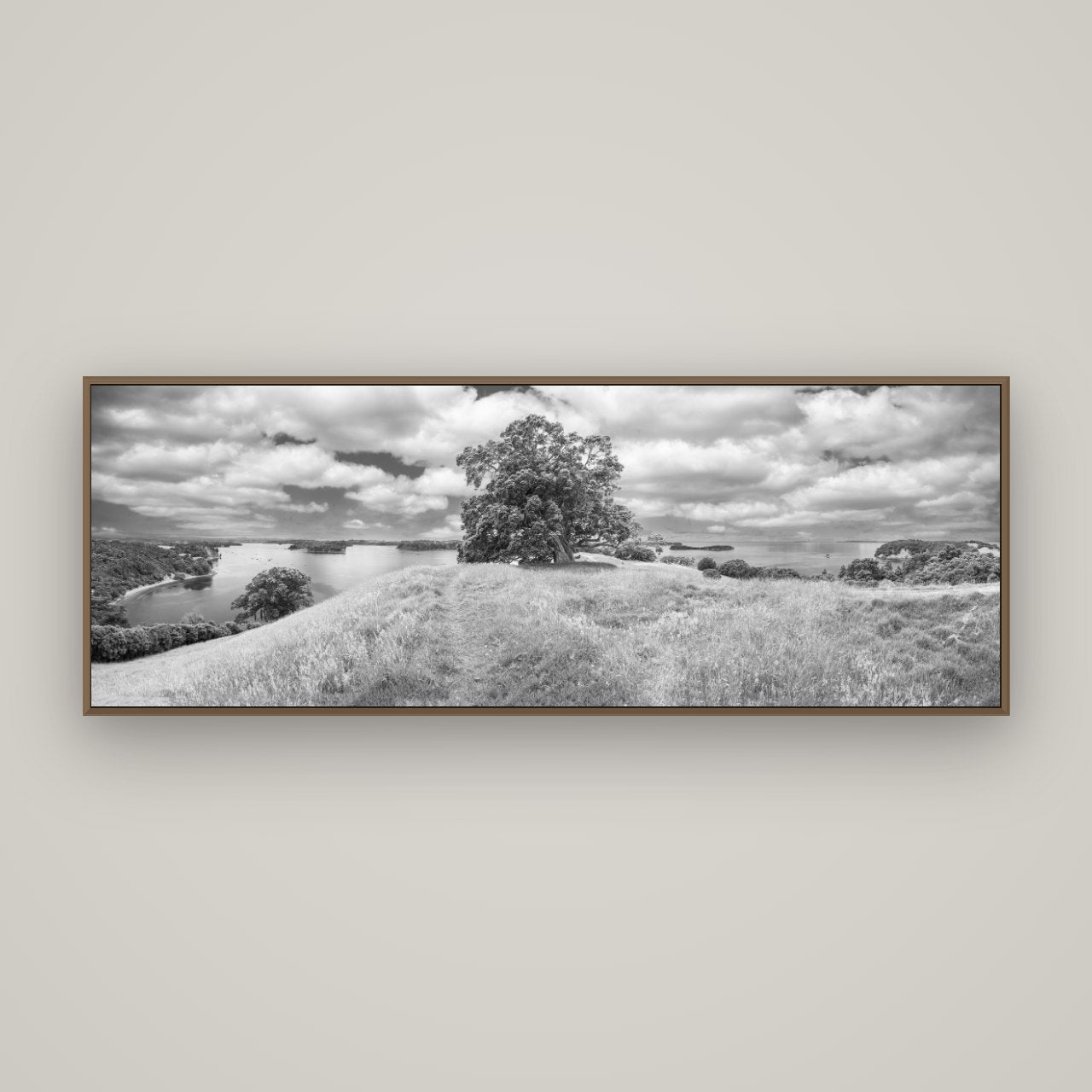 Harbour of Tranquility, Pōhutukawa Bloom at Mahurangi, Basel Walnut, 170×60 cm. New Zealand fine art wall art by Stephen Milner.