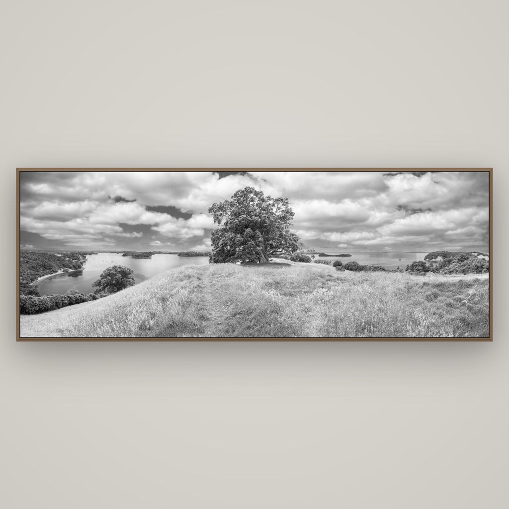Harbour of Tranquility, Pōhutukawa Bloom at Mahurangi, Basel Walnut, 198×70 cm. New Zealand fine art wall art by Stephen Milner.