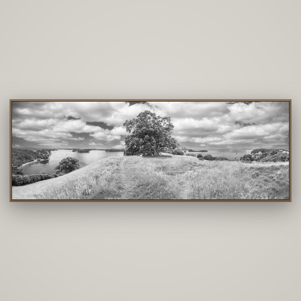 Harbour of Tranquility, Pōhutukawa Bloom at Mahurangi, Basel Walnut, 198×70 cm. New Zealand fine art wall art by Stephen Milner.