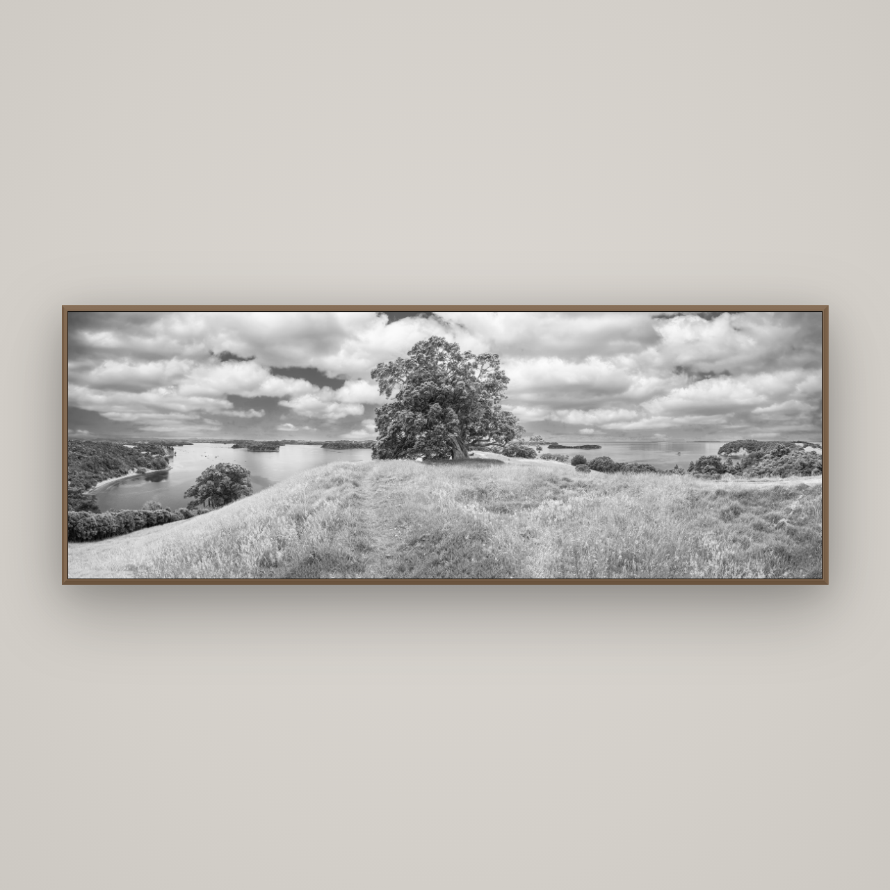 Harbour of Tranquility, Pōhutukawa Bloom at Mahurangi, Basel Walnut, 198×70 cm. New Zealand fine art wall art by Stephen Milner.