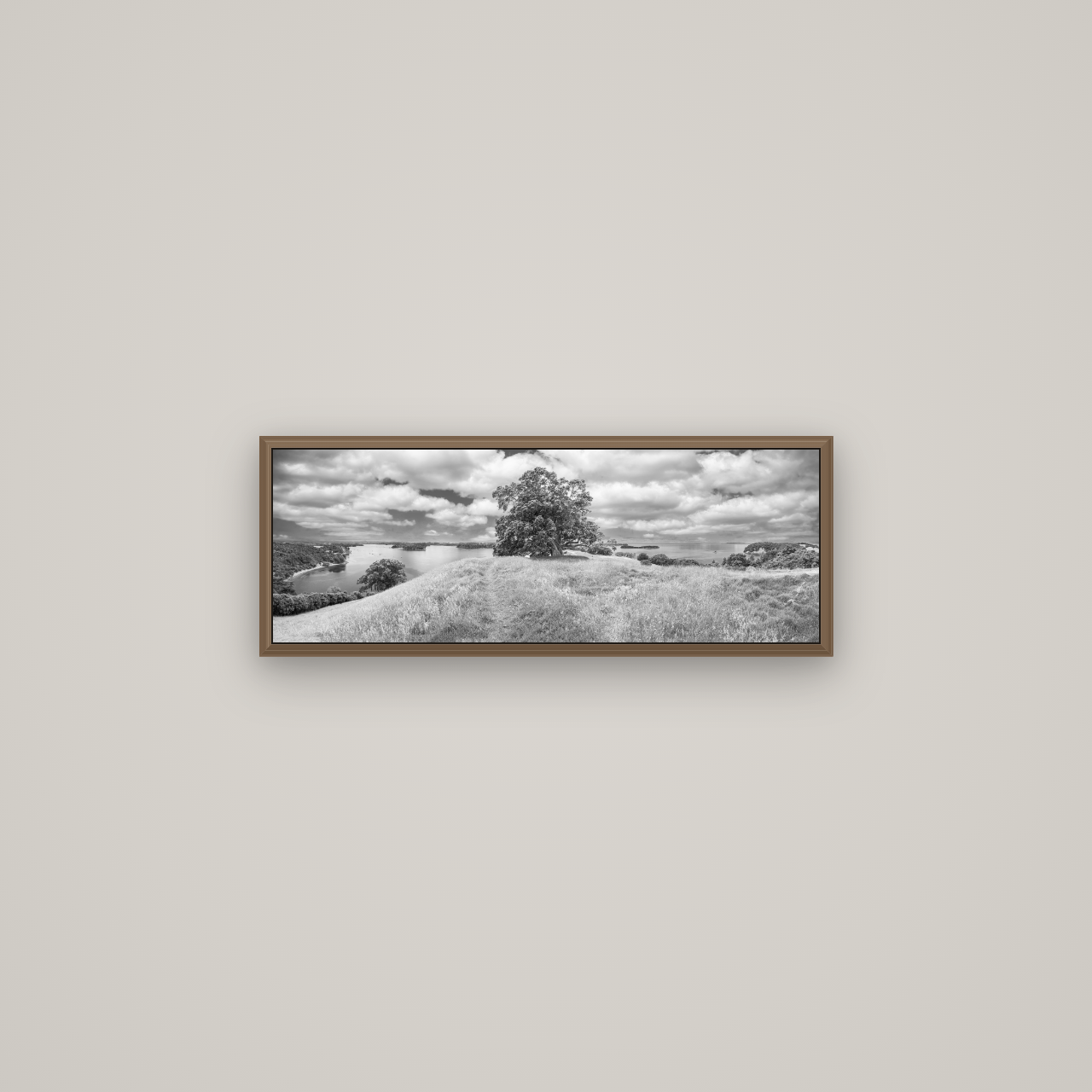 Harbour of Tranquility, Pōhutukawa Bloom at Mahurangi, Basel Walnut, 68×24 cm. New Zealand fine art wall art by Stephen Milner.