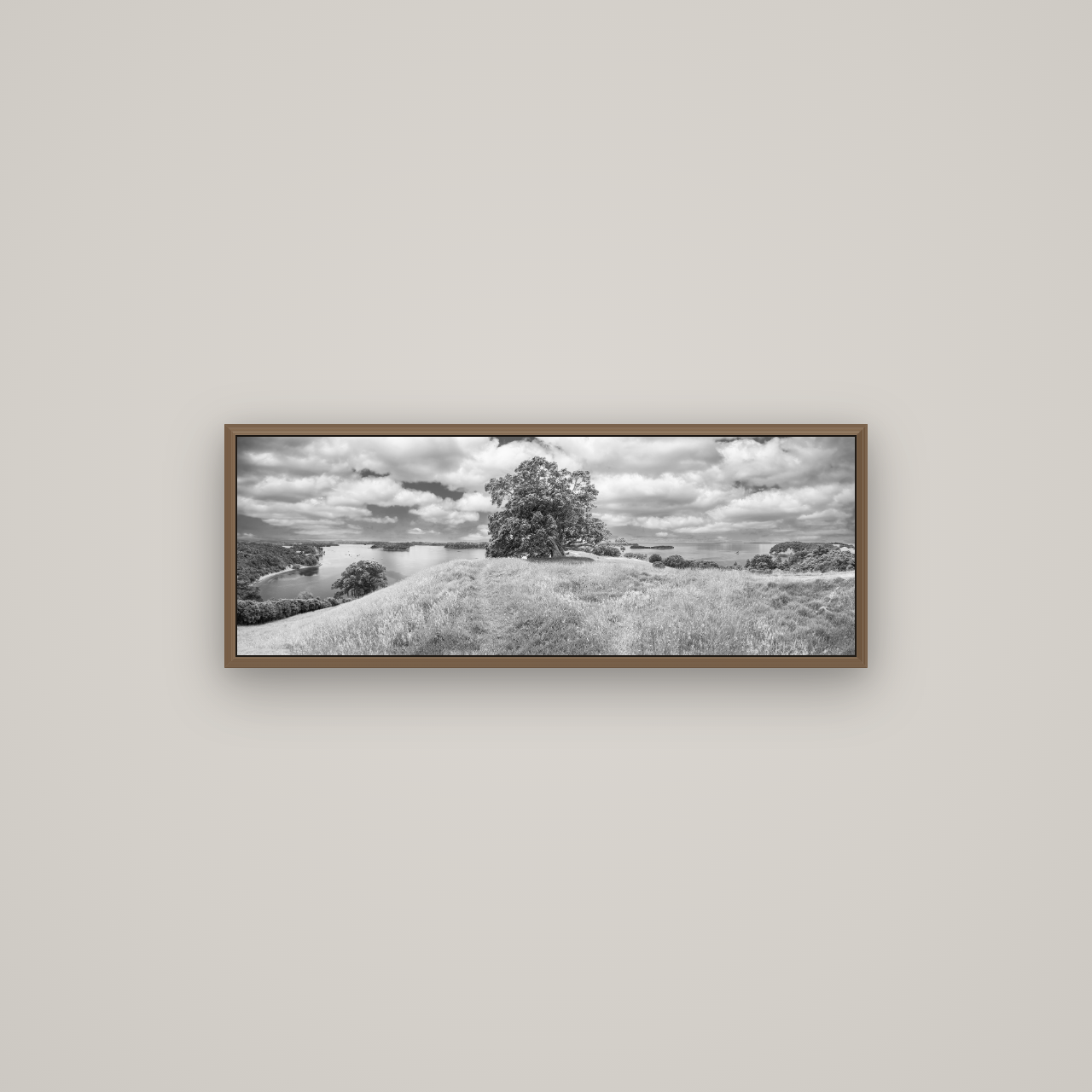 Harbour of Tranquility, Pōhutukawa Bloom at Mahurangi, Basel Walnut, 85×30 cm. New Zealand fine art wall art by Stephen Milner.