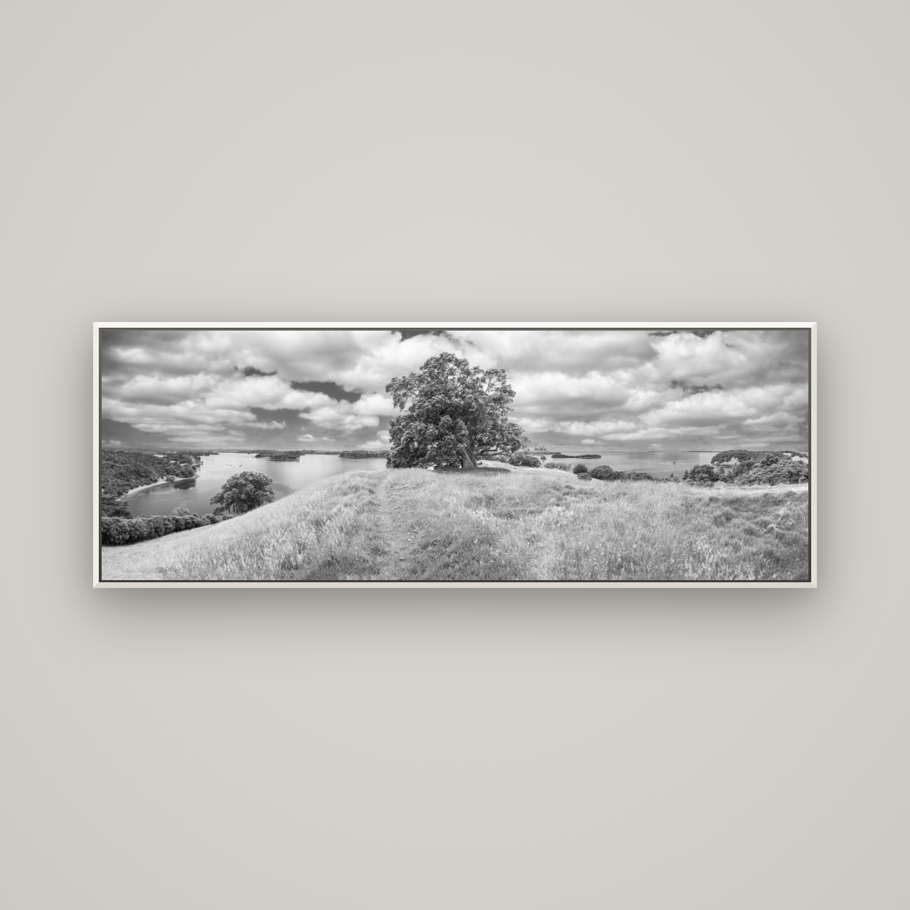Harbour of Tranquility, Pōhutukawa Bloom at Mahurangi — Basel White, 170×60 cm. New Zealand fine art wall art by Stephen Milner.