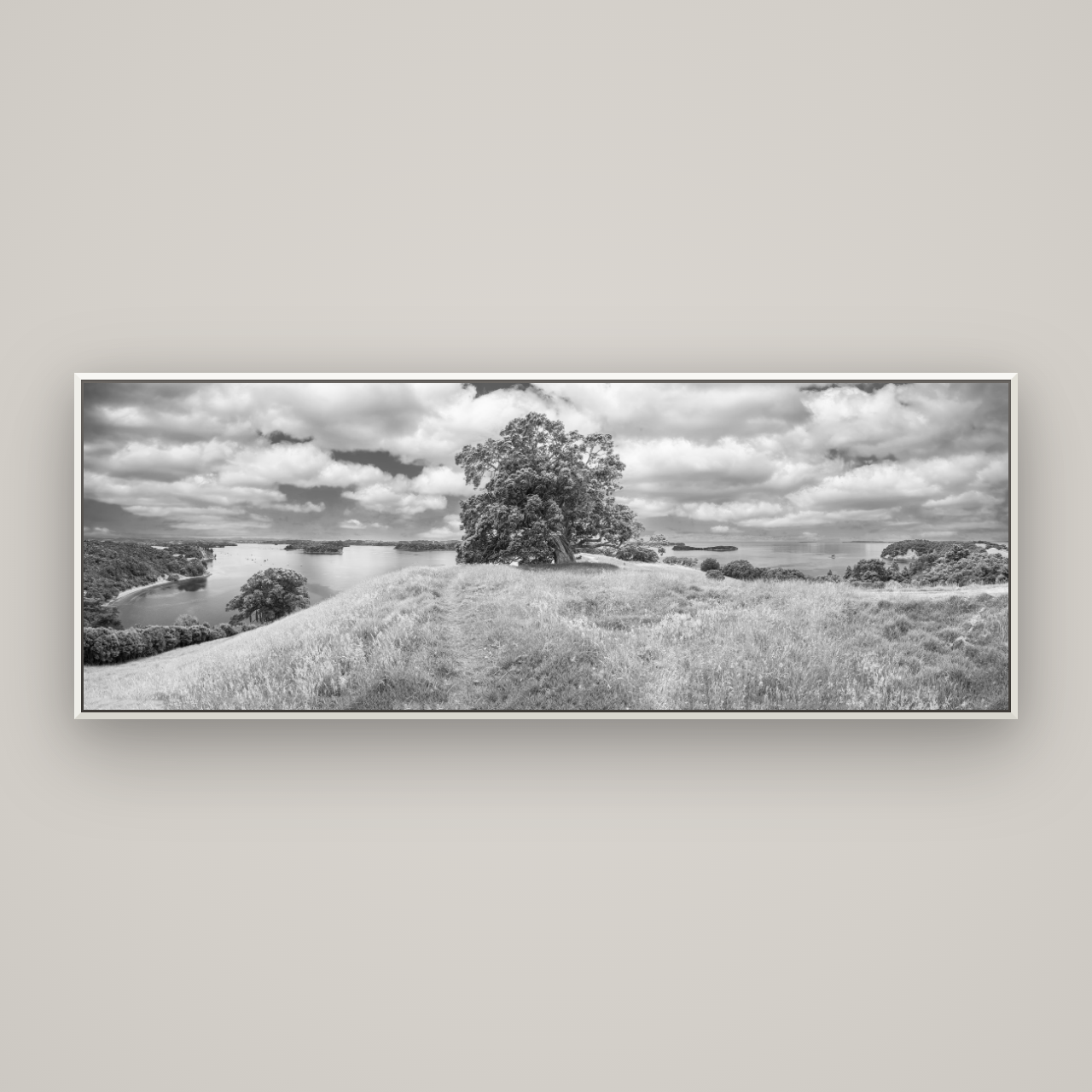 Harbour of Tranquility, Pōhutukawa Bloom at Mahurangi — Basel White, 198×70 cm. New Zealand fine art wall art by Stephen Milner.