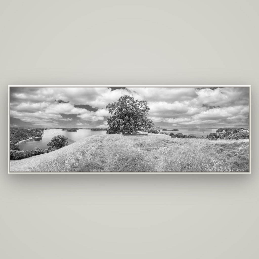 Harbour of Tranquility, Pōhutukawa Bloom at Mahurangi — Basel White, 198×70 cm. New Zealand fine art wall art by Stephen Milner.