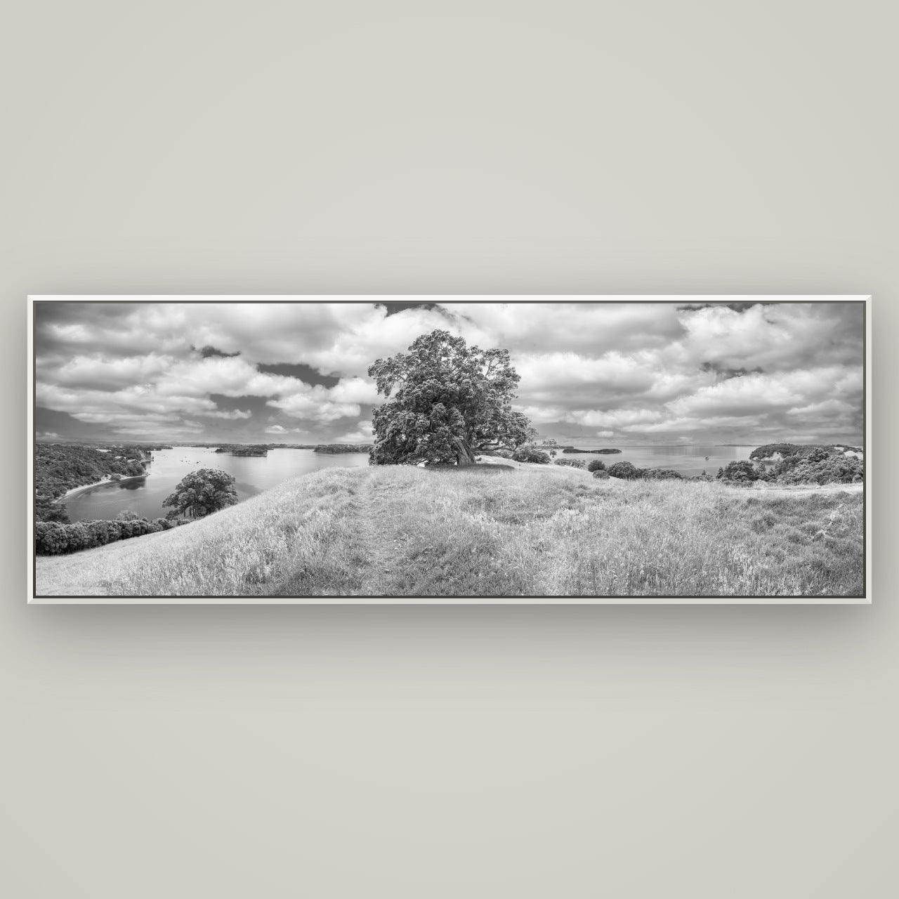 Harbour of Tranquility, Pōhutukawa Bloom at Mahurangi — Basel White, 198×70 cm. New Zealand fine art wall art by Stephen Milner.