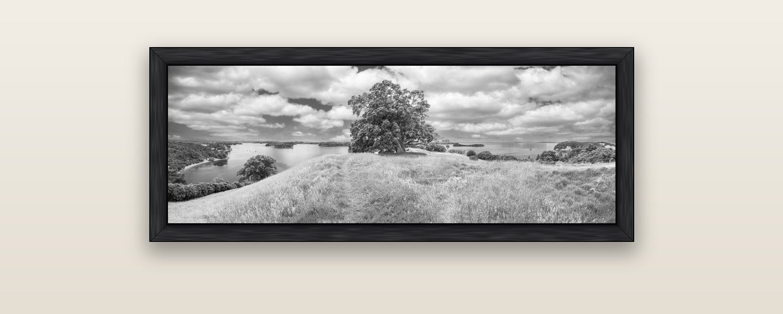 Harbour of Tranquility, Pōhutukawa Bloom at Mahurangi — black float frame canvas, 102 × 36 cm. New Zealand fine art landscape wall art by Stephen Milner.
