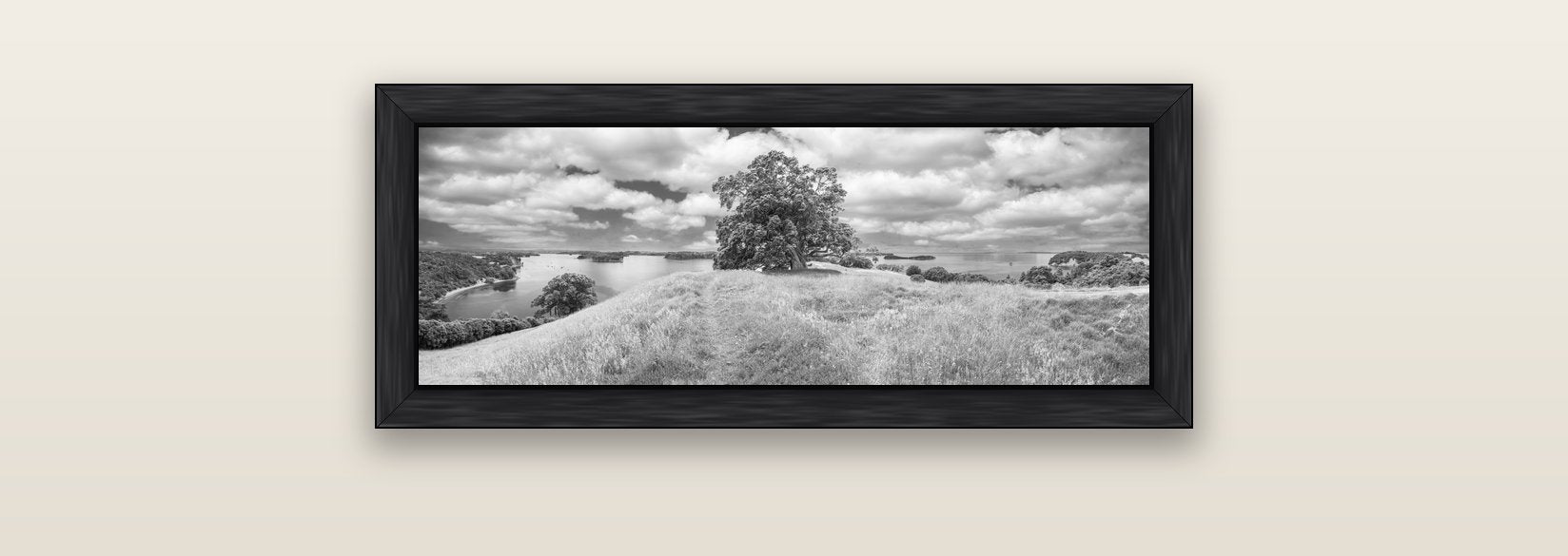 Harbour of Tranquility, Pōhutukawa Bloom at Mahurangi — black float frame canvas, 71 × 25 cm. New Zealand fine art landscape wall art by Stephen Milner.