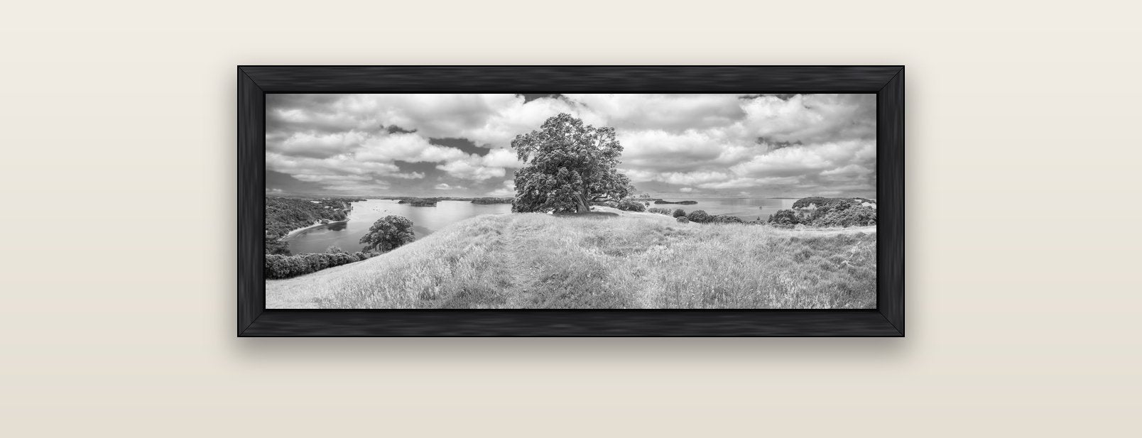 Harbour of Tranquility, Pōhutukawa Bloom at Mahurangi — black float frame canvas, 91 × 31 cm. New Zealand fine art landscape wall art by Stephen Milner.