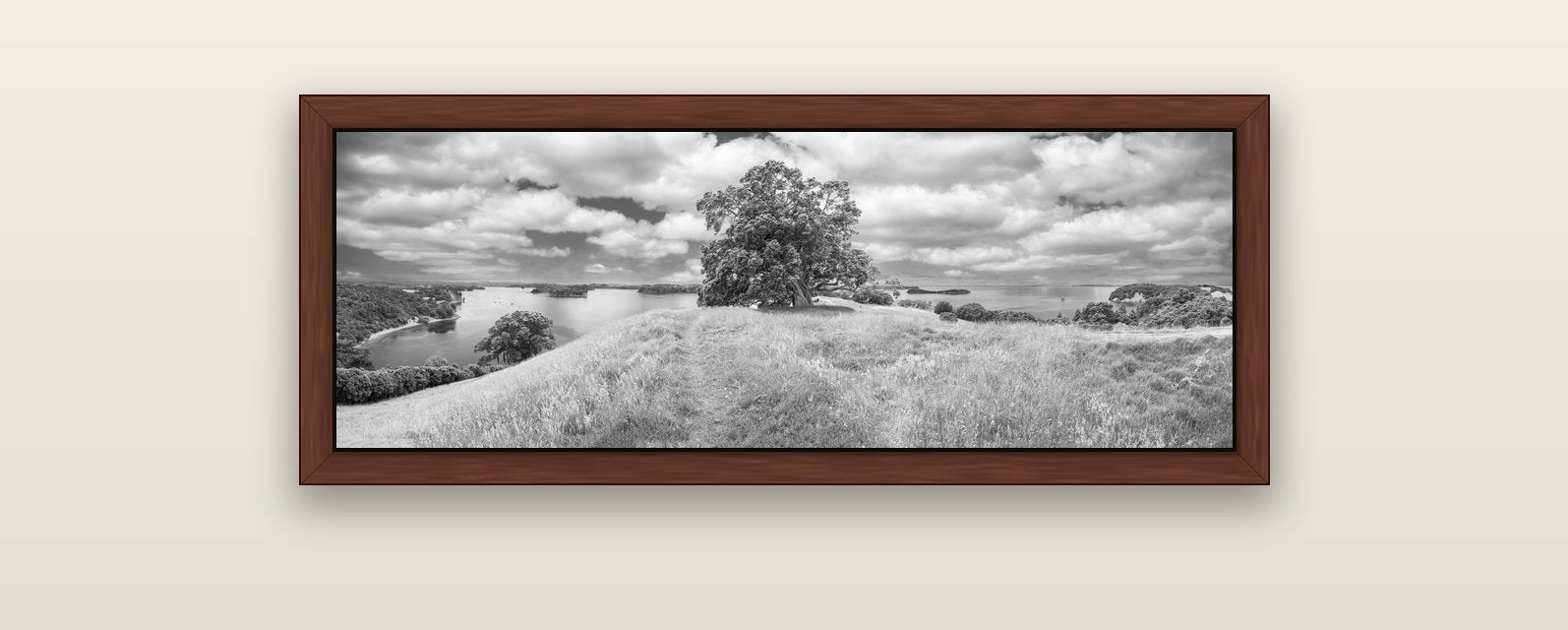 Harbour of Tranquility, Pōhutukawa Bloom at Mahurangi — brown float frame canvas, 102 × 36 cm. New Zealand fine art landscape wall art by Stephen Milner.