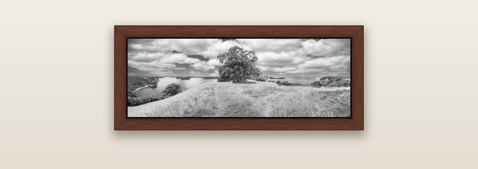 Harbour of Tranquility, Pōhutukawa Bloom at Mahurangi — brown float frame canvas, 71 × 25 cm. New Zealand fine art landscape wall art by Stephen Milner.