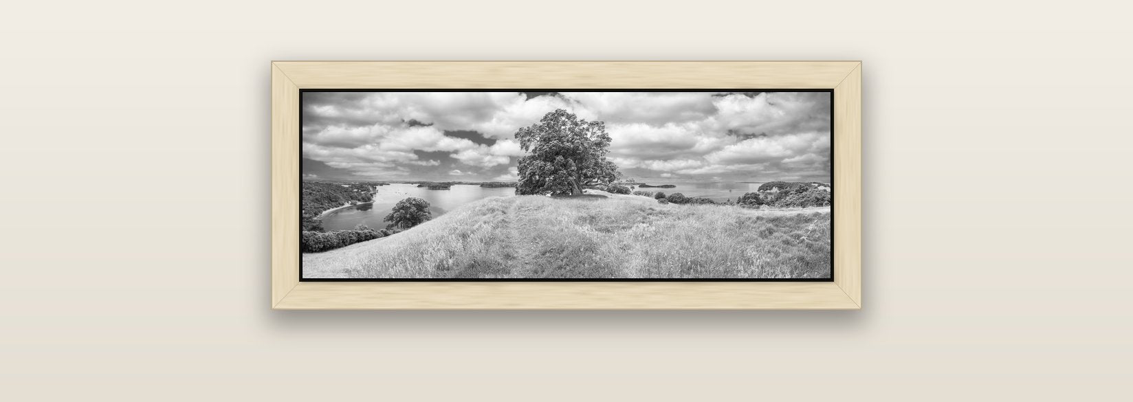 Harbour of Tranquility, Pōhutukawa Bloom at Mahurangi — natural float frame canvas, 71 × 25 cm. New Zealand fine art landscape wall art by Stephen Milner.