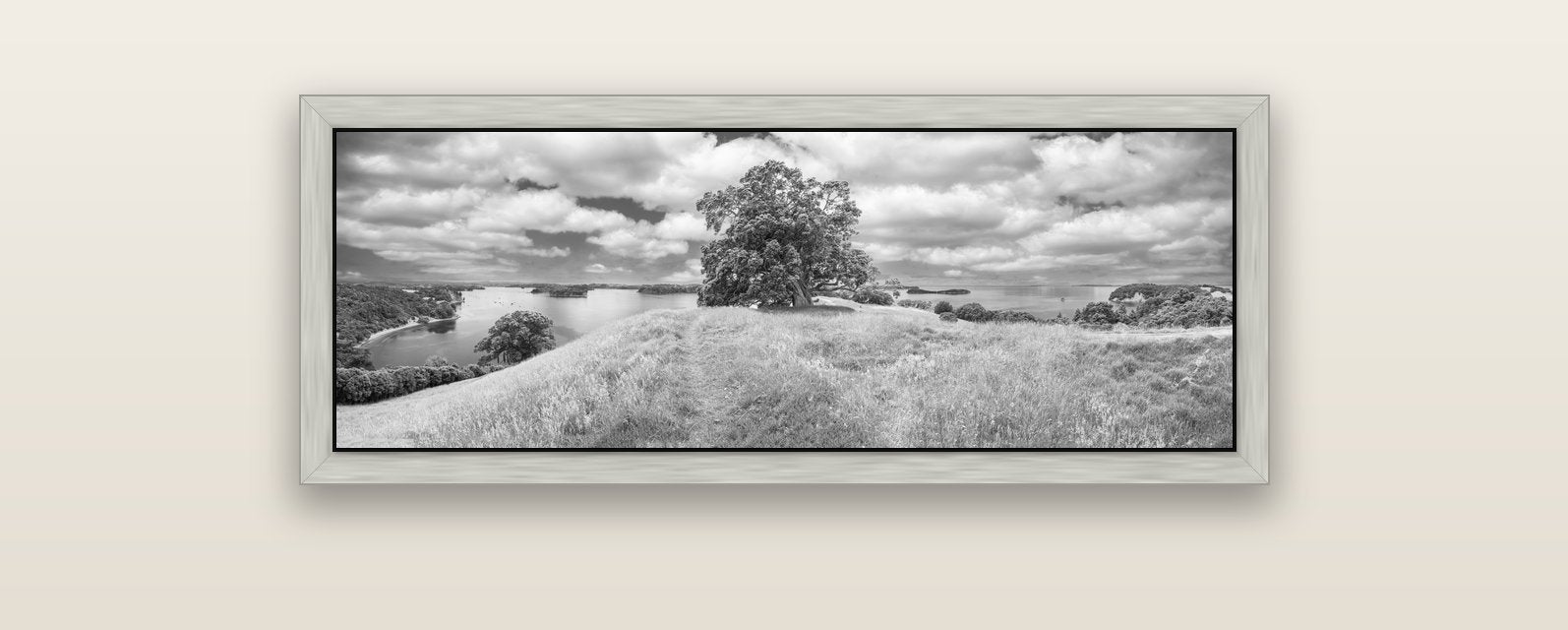 Harbour of Tranquility, Pōhutukawa Bloom at Mahurangi — silver float frame canvas, 102 × 36 cm. New Zealand fine art landscape wall art by Stephen Milner.