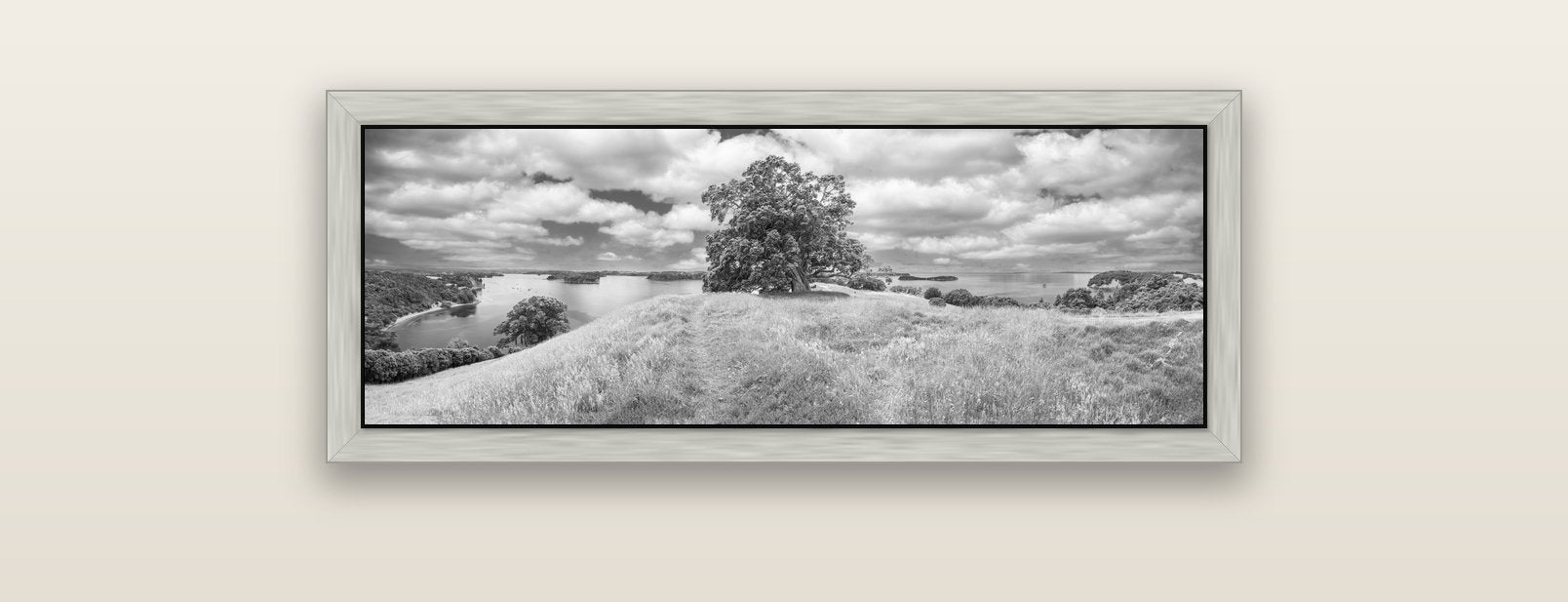 Harbour of Tranquility, Pōhutukawa Bloom at Mahurangi — silver float frame canvas, 91 × 31 cm. New Zealand fine art landscape wall art by Stephen Milner.