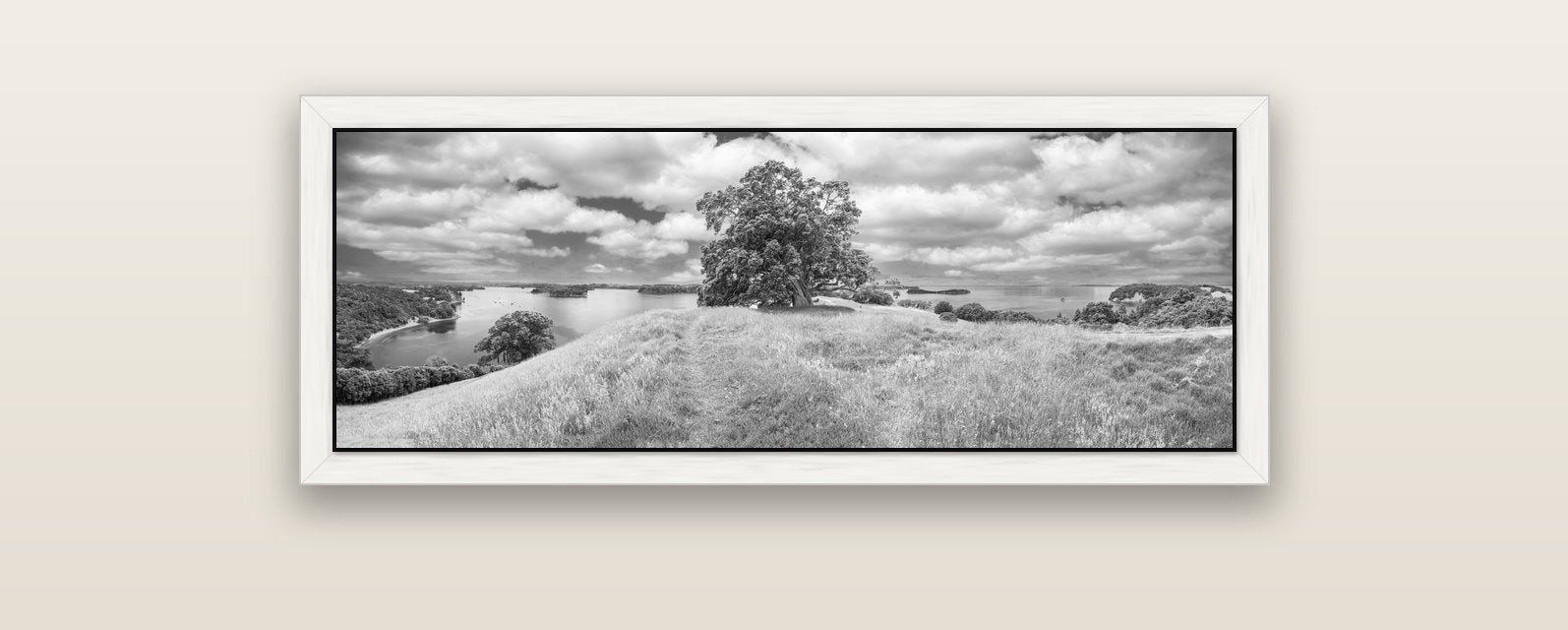 Harbour of Tranquility, Pōhutukawa Bloom at Mahurangi — white float frame canvas, 102 × 36 cm. New Zealand fine art landscape wall art by Stephen Milner.