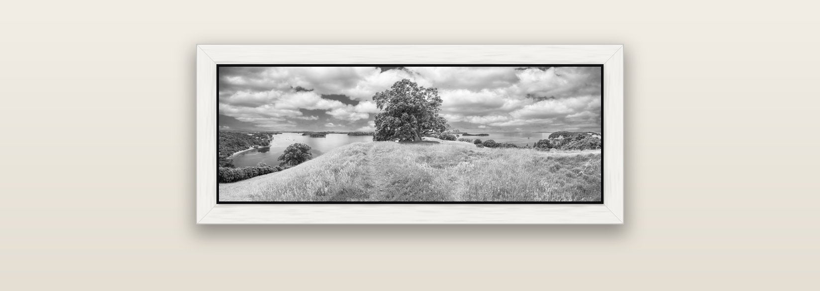 Harbour of Tranquility, Pōhutukawa Bloom at Mahurangi — white float frame canvas, 71 × 25 cm. New Zealand fine art landscape wall art by Stephen Milner.
