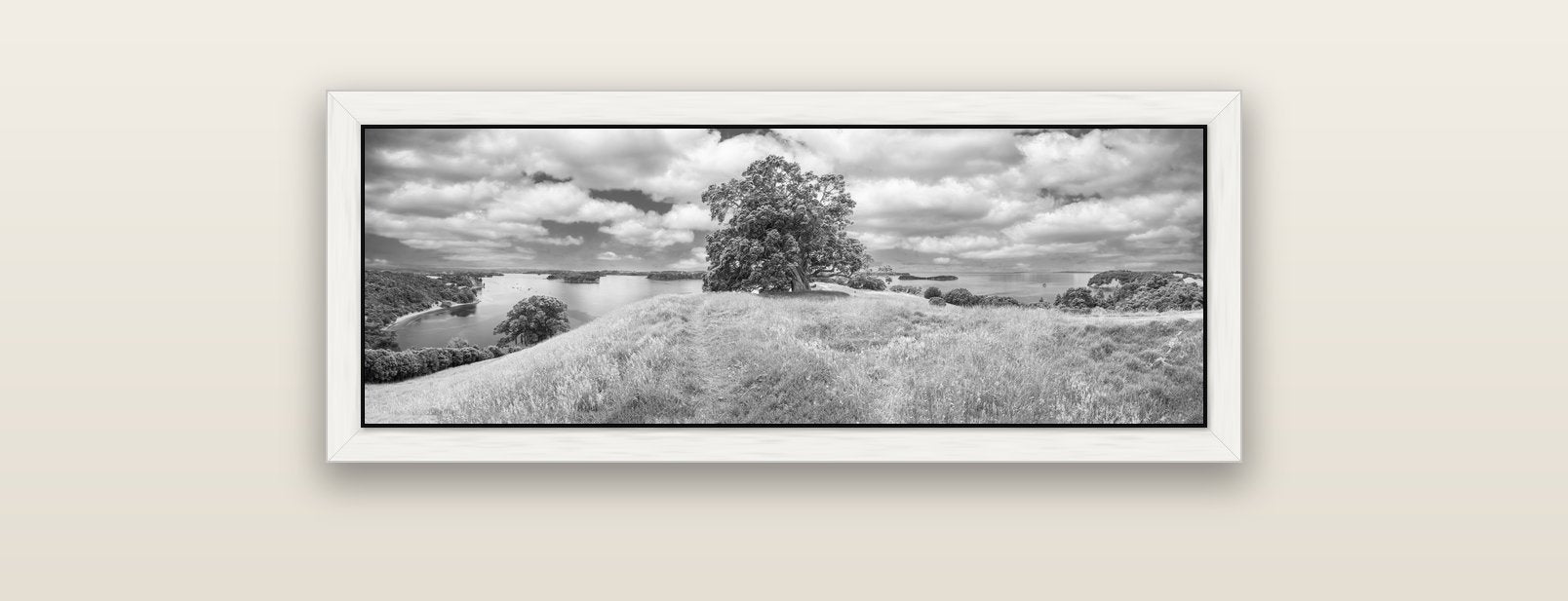 Harbour of Tranquility, Pōhutukawa Bloom at Mahurangi — white float frame canvas, 91 × 31 cm. New Zealand fine art landscape wall art by Stephen Milner.