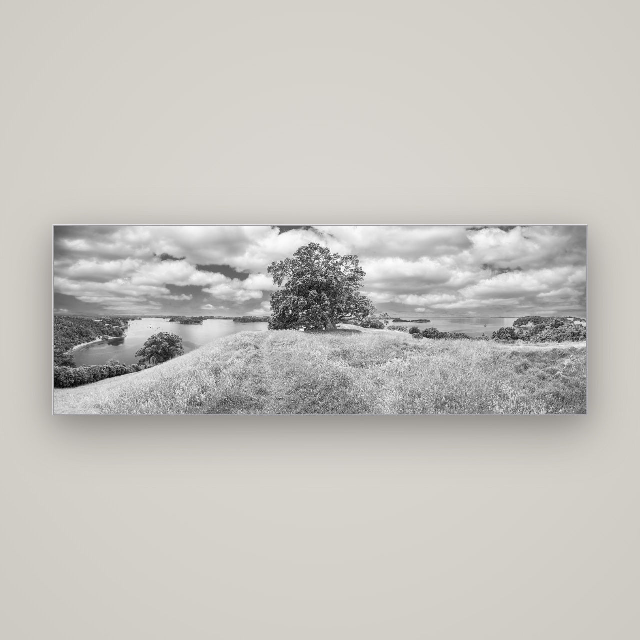 Harbour of Tranquility, Pōhutukawa Bloom at Mahurangi — Slimline Silver, 170×60 cm. New Zealand fine art wall art by Stephen Milner.