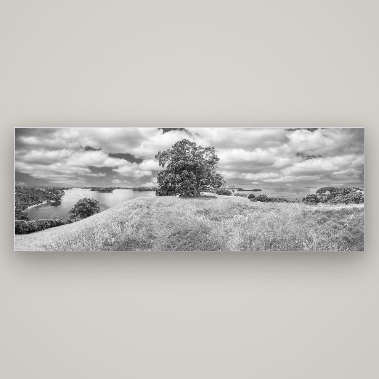 Harbour of Tranquility, Pōhutukawa Bloom at Mahurangi — Slimline Silver, 198×70 cm. New Zealand fine art wall art by Stephen Milner.