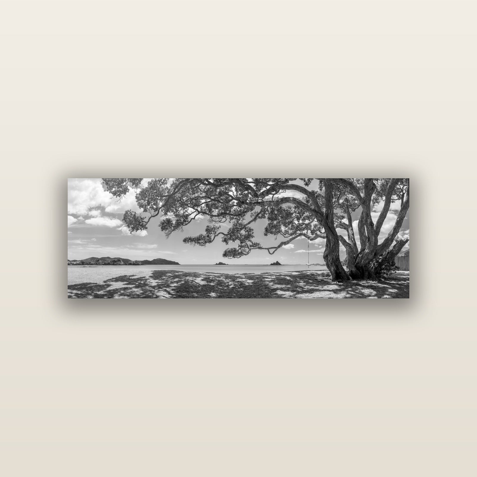 Harbour of Summer Light, Pōhutukawa Bloom, Bay of Islands — acrylic panel print, small 76 × 25 cm. New Zealand fine art landscape wall art by Stephen Milner.