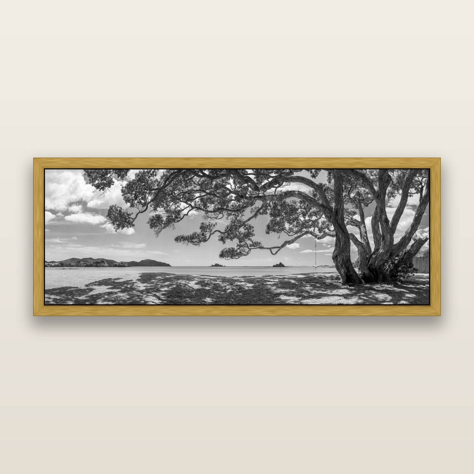 Harbour of Summer Light, Pōhutukawa Bloom, Bay of Islands, black and white framed metallic canvas print, Antique Gold frame. New Zealand fine art wall art by Stephen Milner.