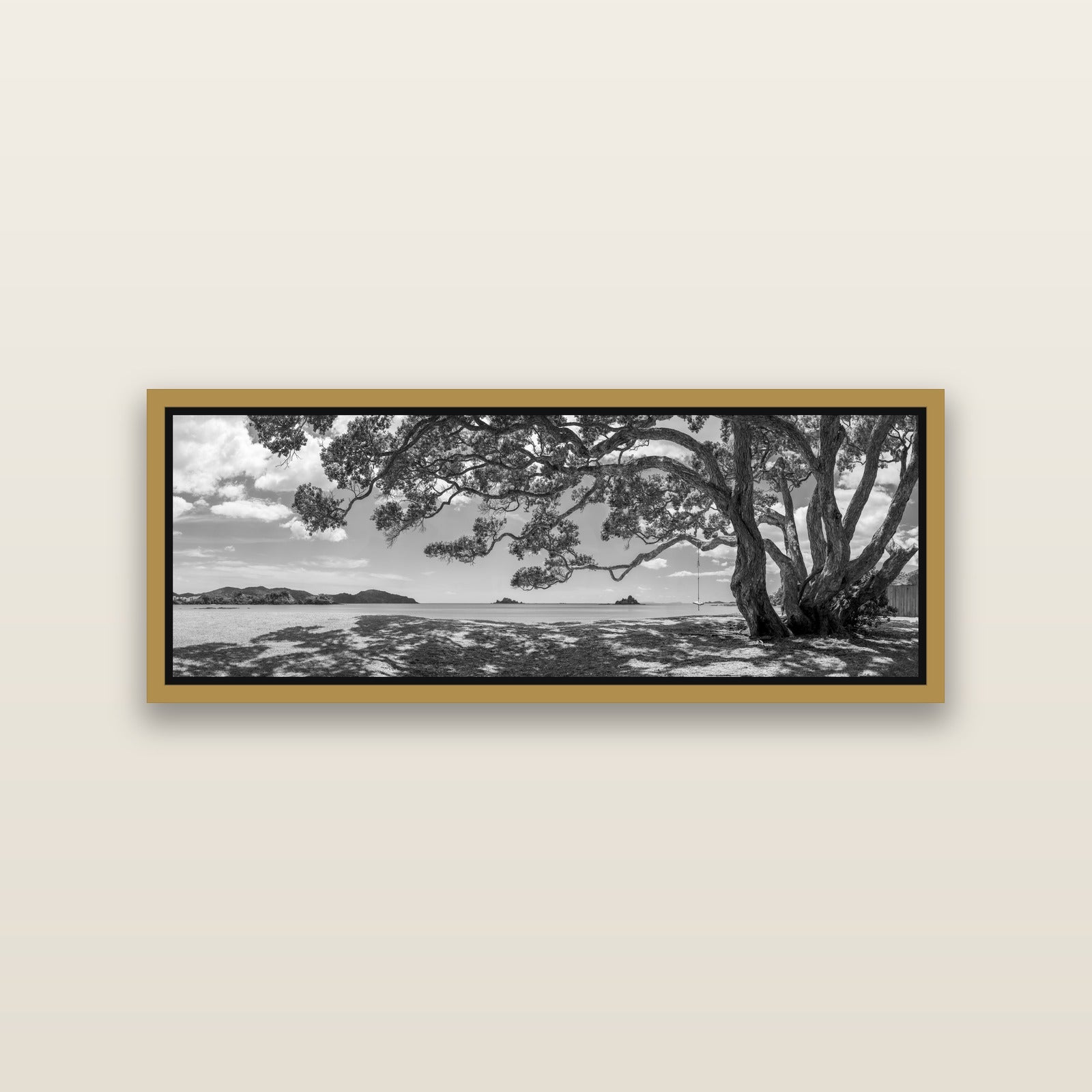 Harbour of Summer Light, Pōhutukawa Bloom, Bay of Islands — Antique Gold framed metallic canvas print, small 86 × 30 cm. New Zealand fine art landscape wall art by Stephen Milner.