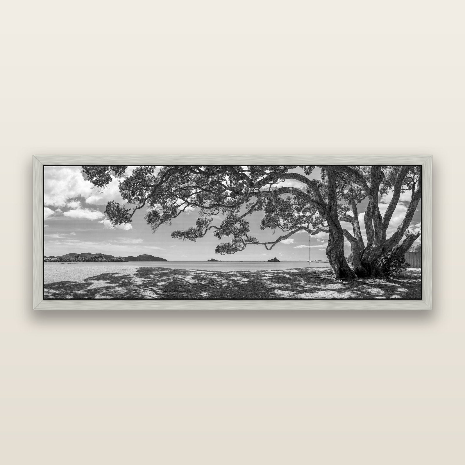 Harbour of Summer Light, Pōhutukawa Bloom, Bay of Islands, black and white framed metallic canvas print, Antique Silver frame. New Zealand fine art wall art by Stephen Milner.