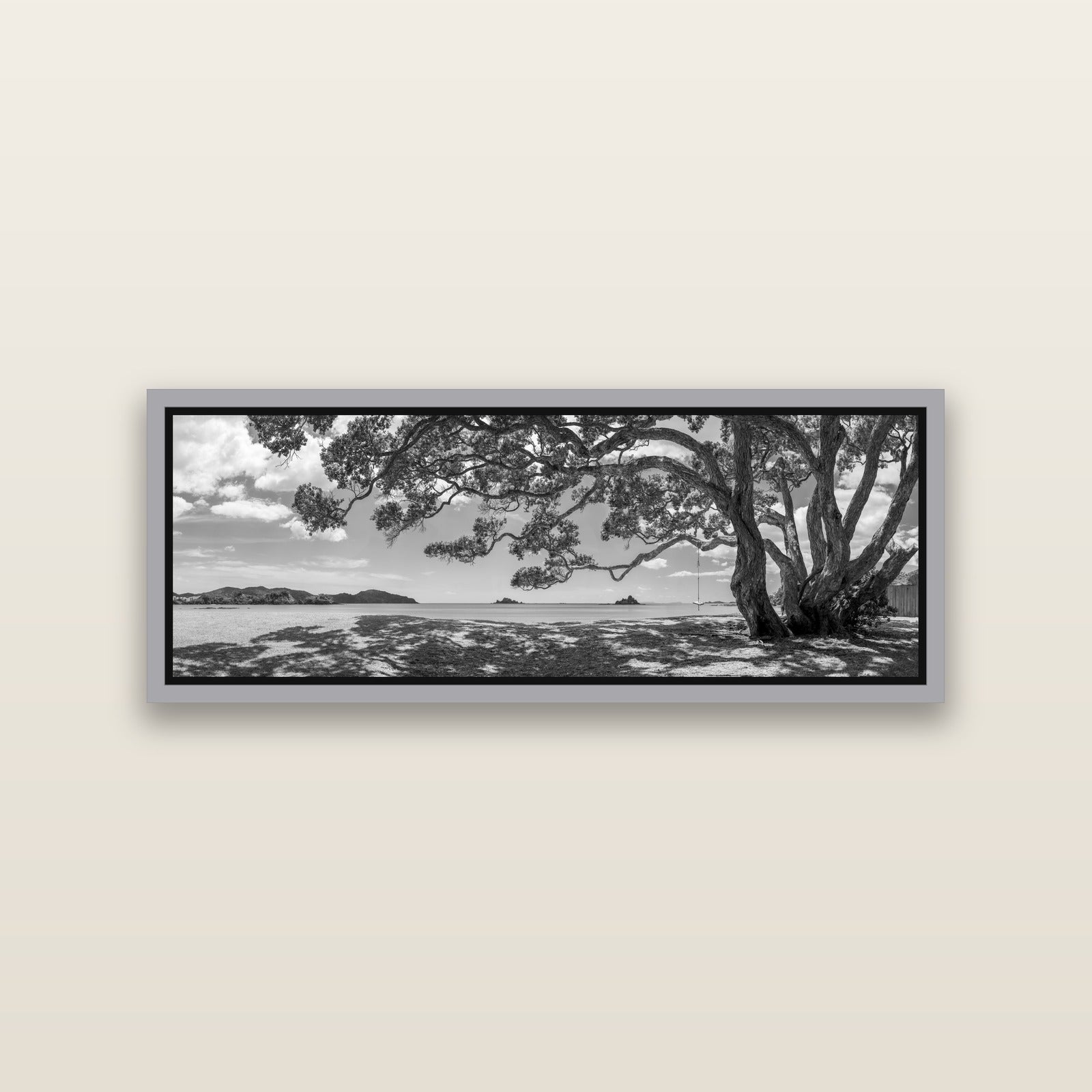 Harbour of Summer Light, Pōhutukawa Bloom, Bay of Islands — Antique Silver framed metallic canvas print, small 86 × 30 cm. New Zealand fine art landscape wall art by Stephen Milner.