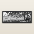 Harbour of Summer Light, Pōhutukawa Bloom, Bay of Islands, black and white framed metallic canvas print, Black frame. New Zealand fine art wall art by Stephen Milner.